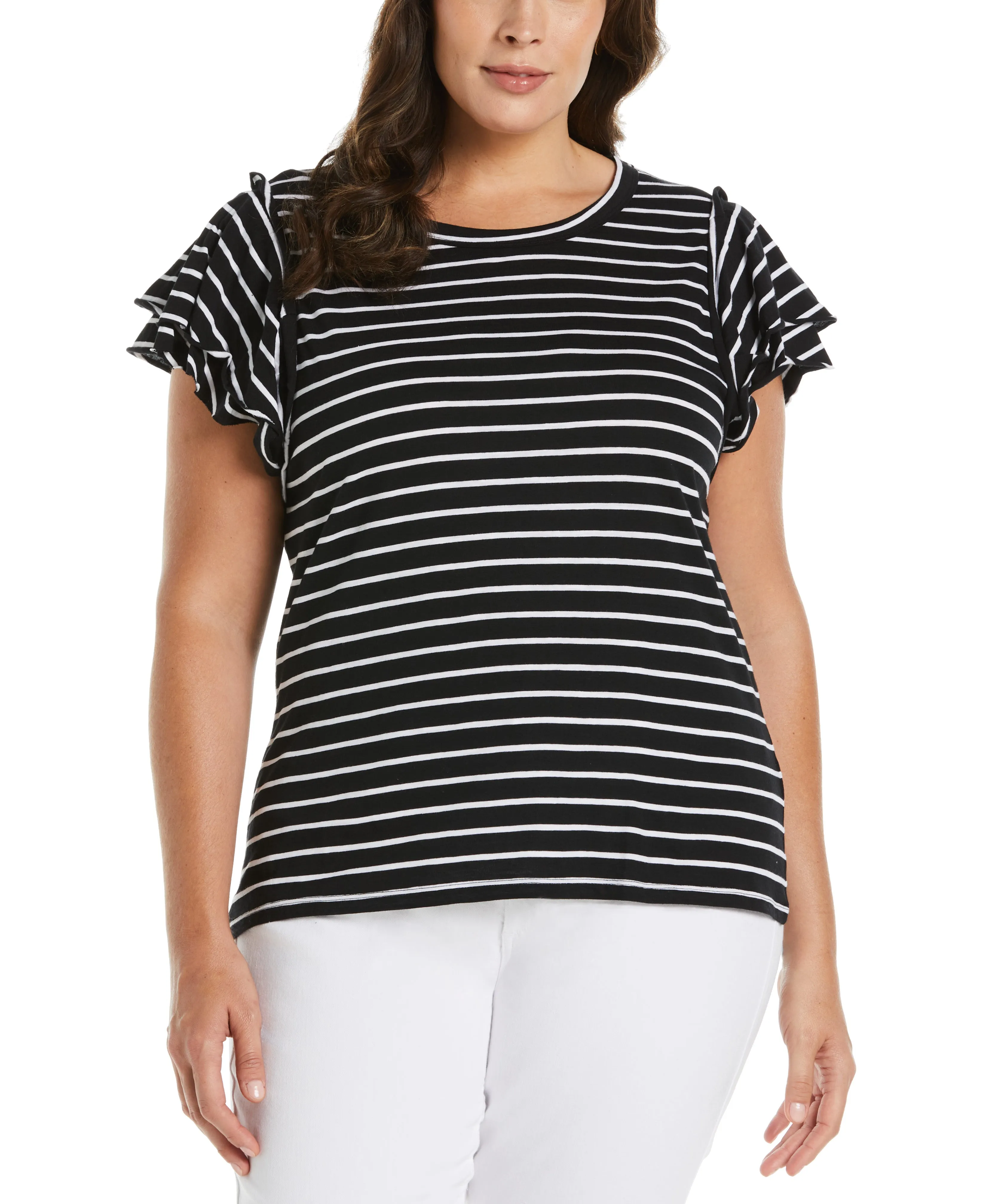 Plus Size Stripe Ruffle Sleeve Tee Layered Neckline Details Reinforced Shoulder Panels