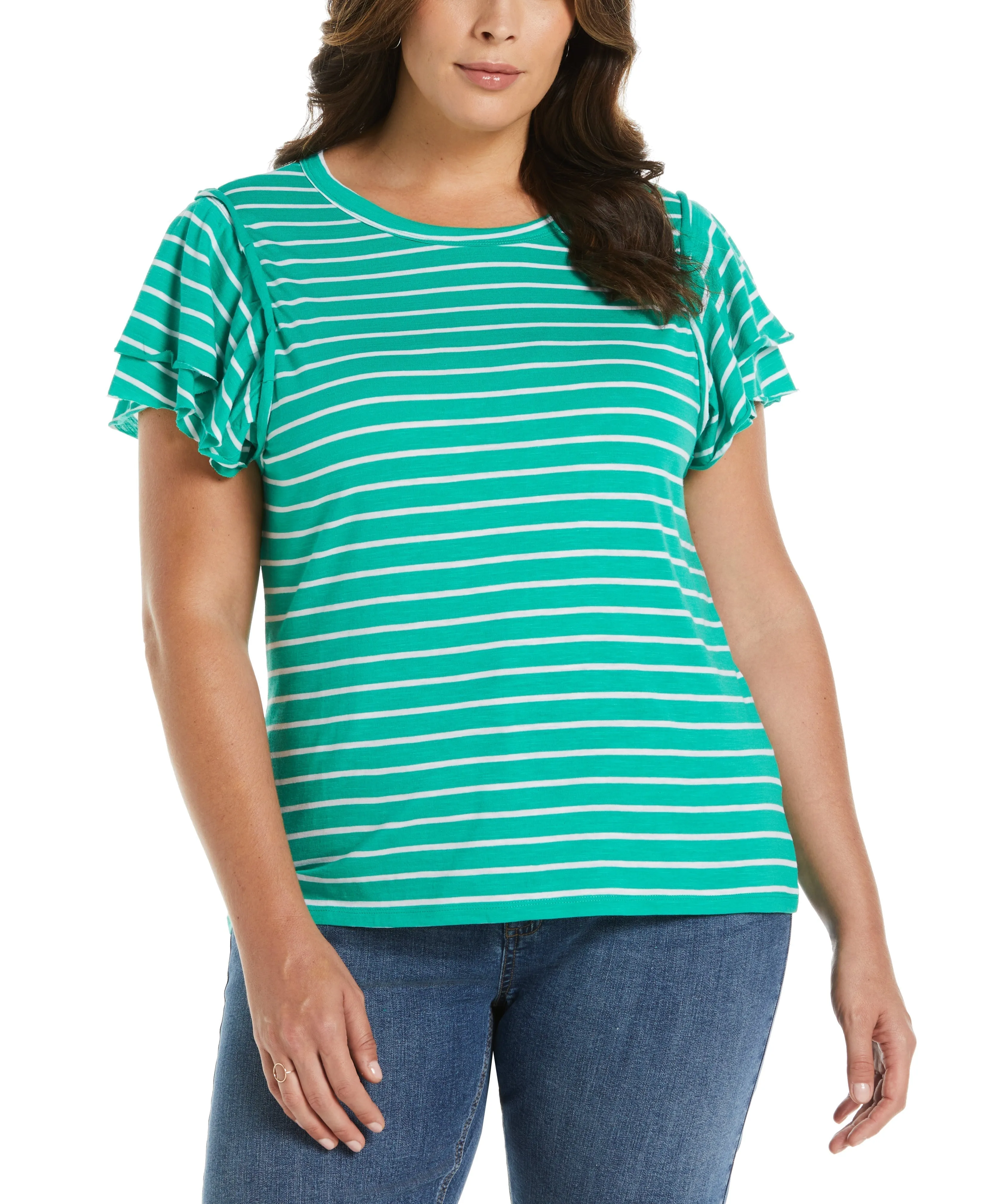 Plus Size Stripe Ruffle Sleeve Tee Snag Free Fabric CollapsibleFrame