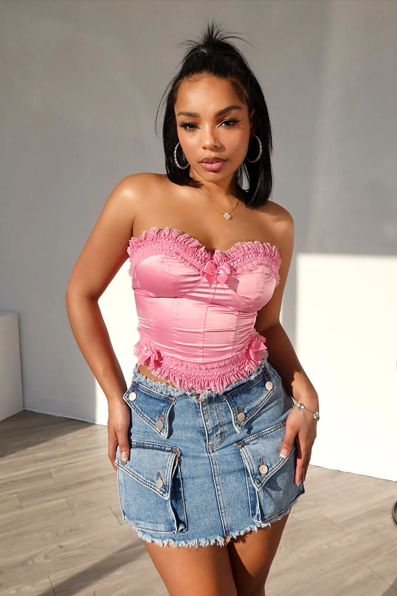 Rococo Lace Trim Satin Corset MultiPocket