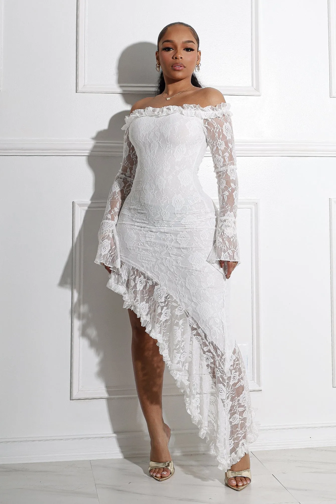 Serenity Lace Off Shoulder Maxi Dress ruffle trim Elegant Detail