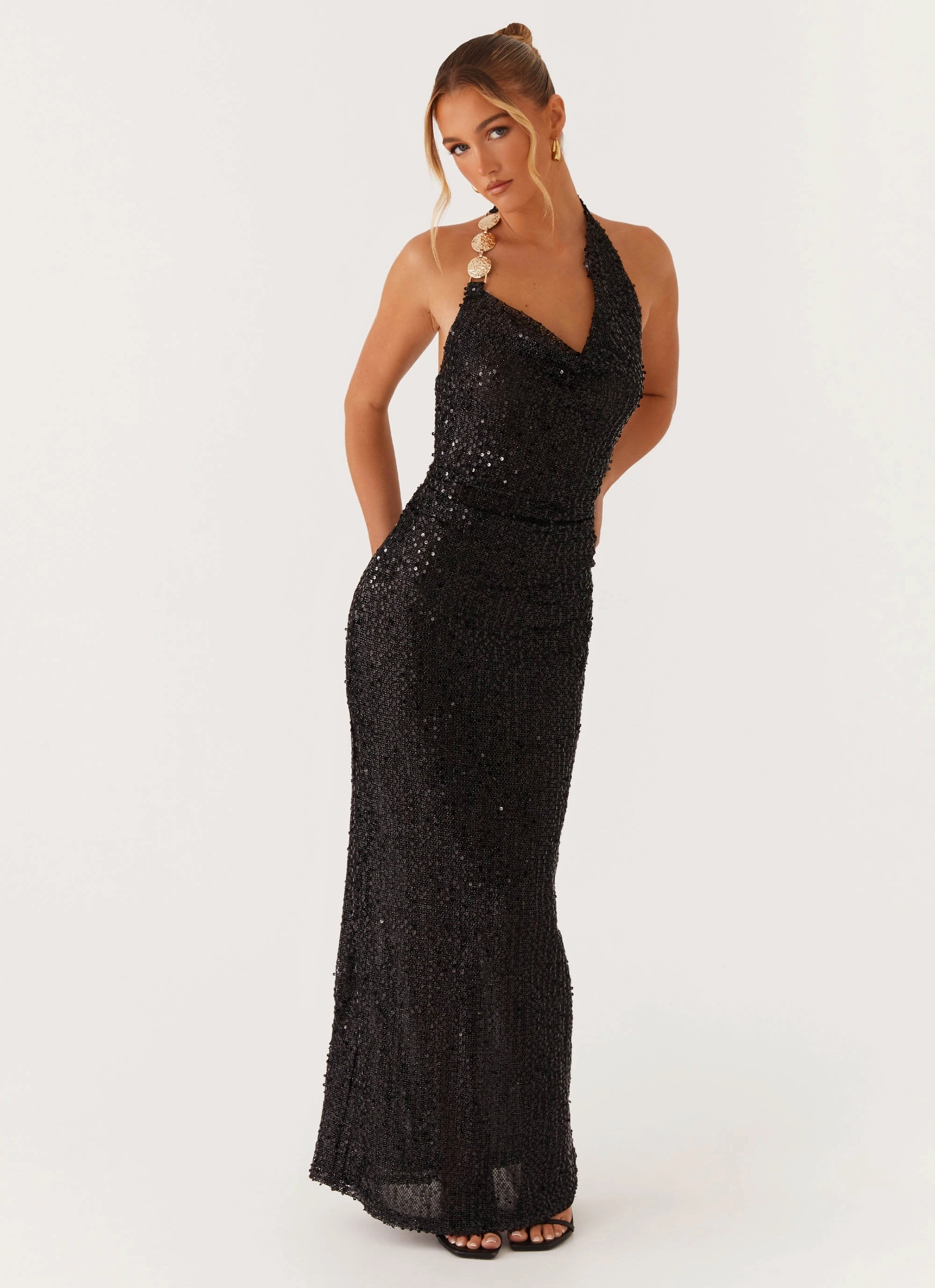 After Tonight Sequin Cowl Neck Maxi Dress - Black Removable-Straps Waist Seam