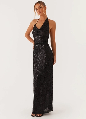 Subtle Motion Satin Fabric After Tonight Sequin Cowl Neck Maxi Dress - Black