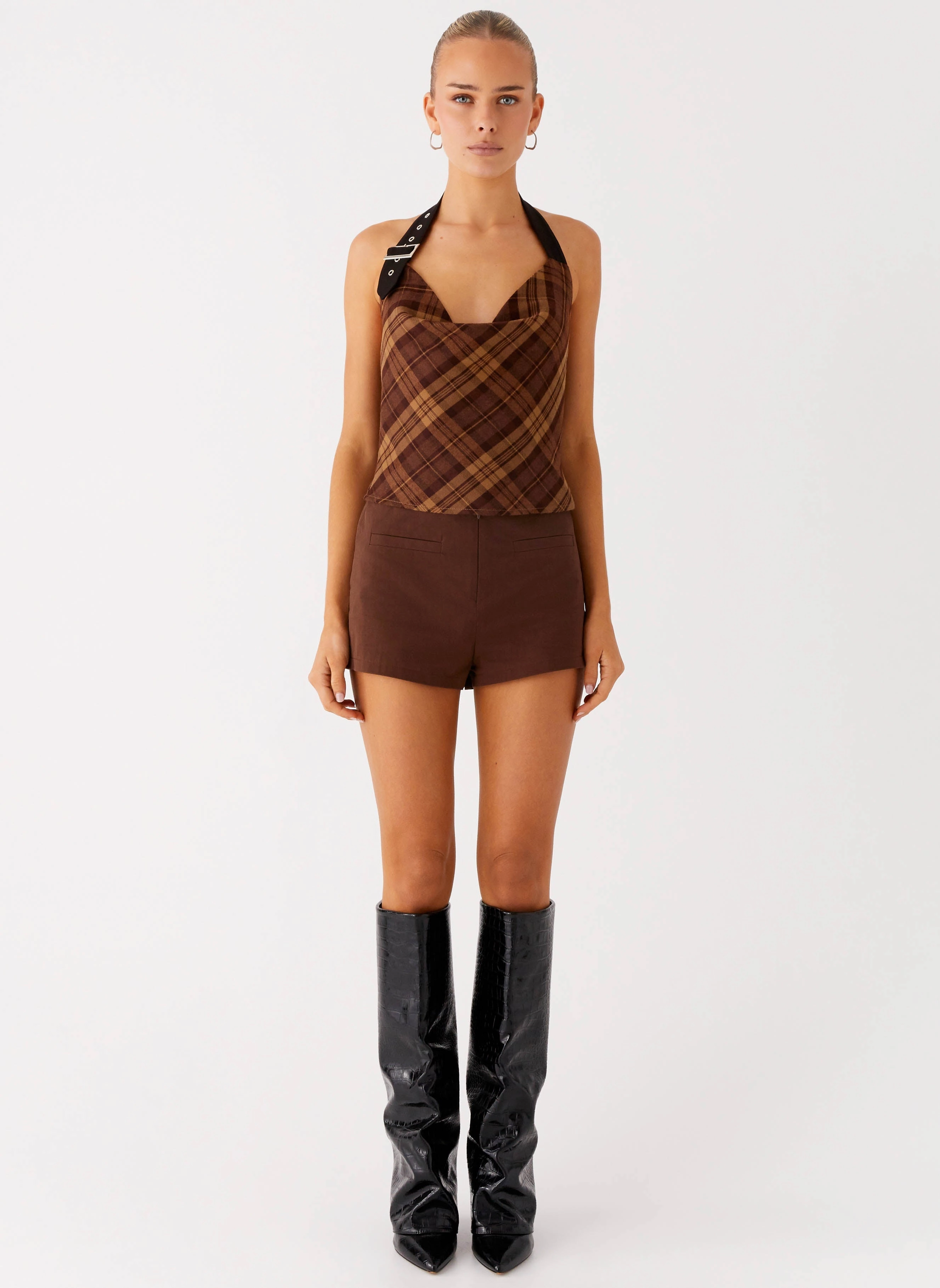 Sheer Overlay Material Stateside Cowl Top - Plaid
