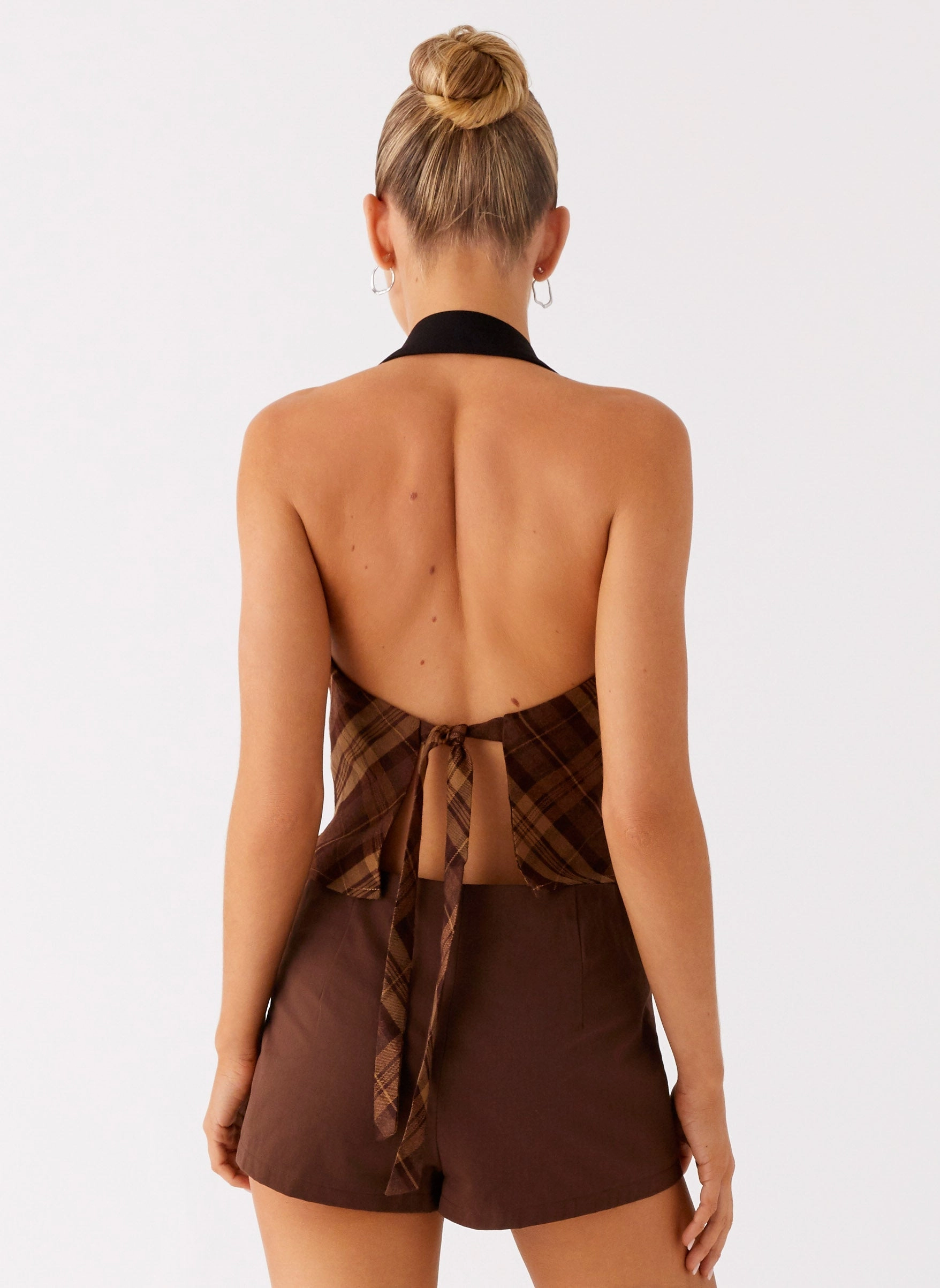 RibbedHemline Tencel Cotton Hybrid Weave Stateside Cowl Top - Plaid