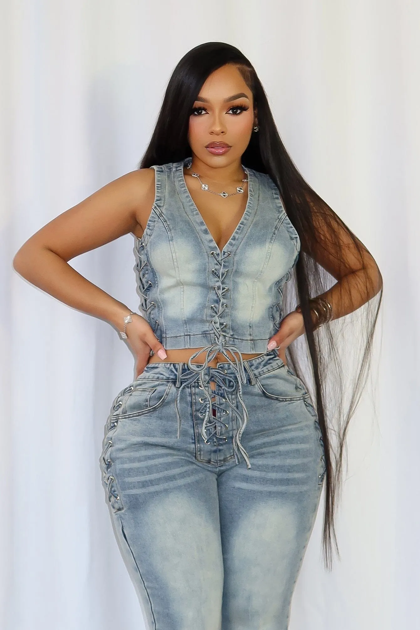 QuickDryTechnology Effortless Look Stering Denim Sleeveless Lace Up Top