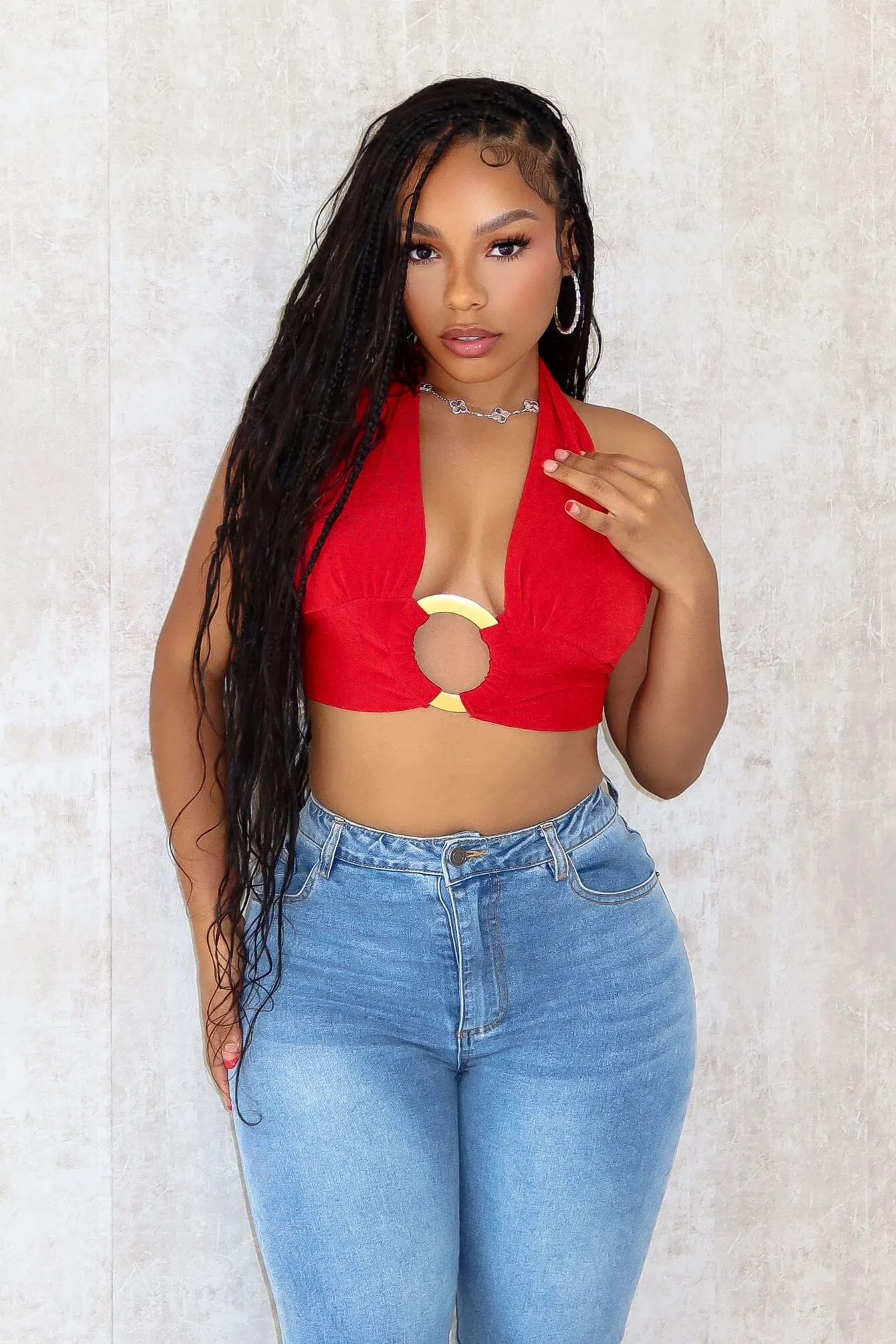 Still There Slinky Halter O Ring Top Soft Texture Distressed Texture