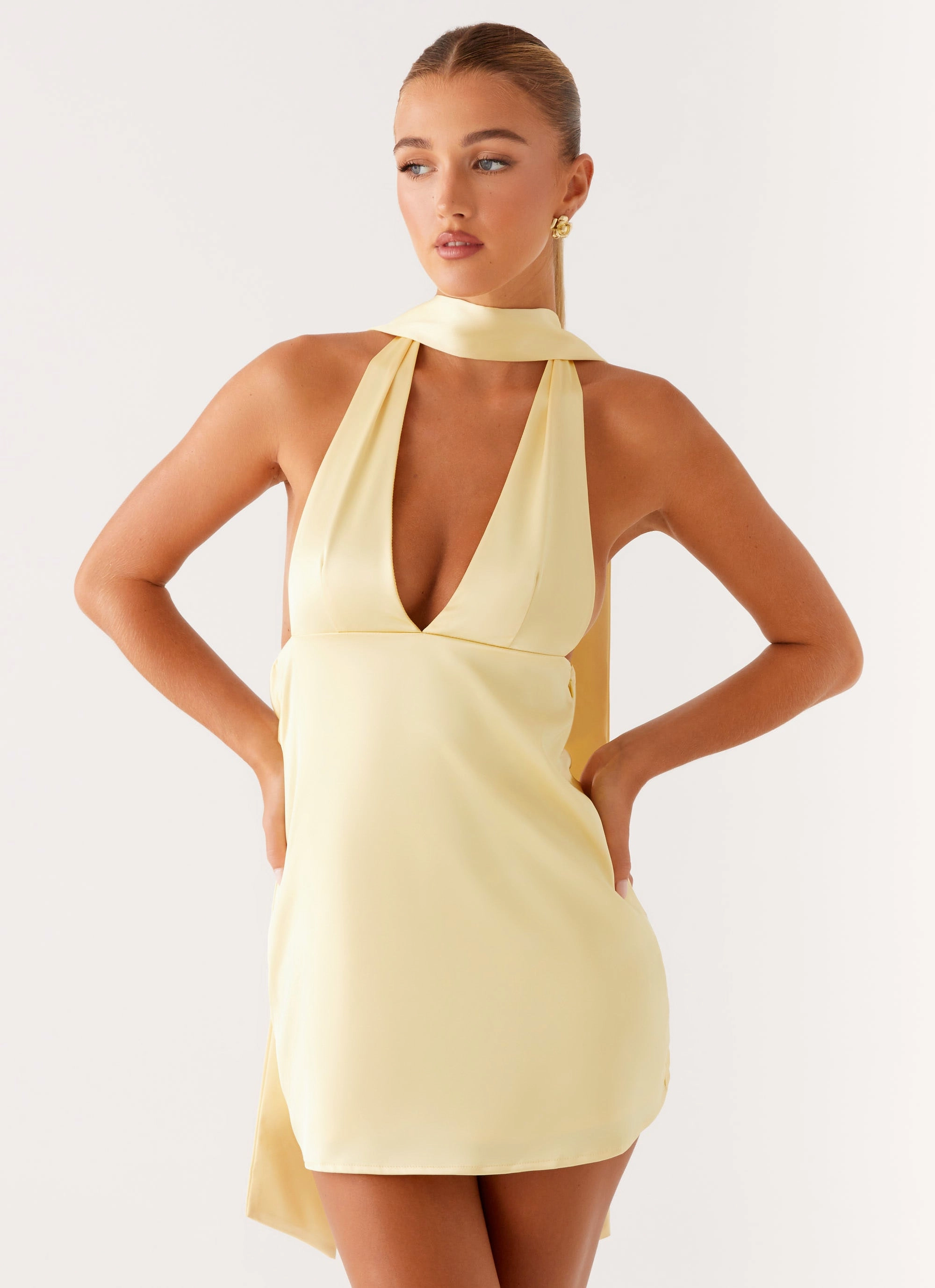 Chic boho dress Alicia Satin Halter Mini Dress - Pastel Yellow