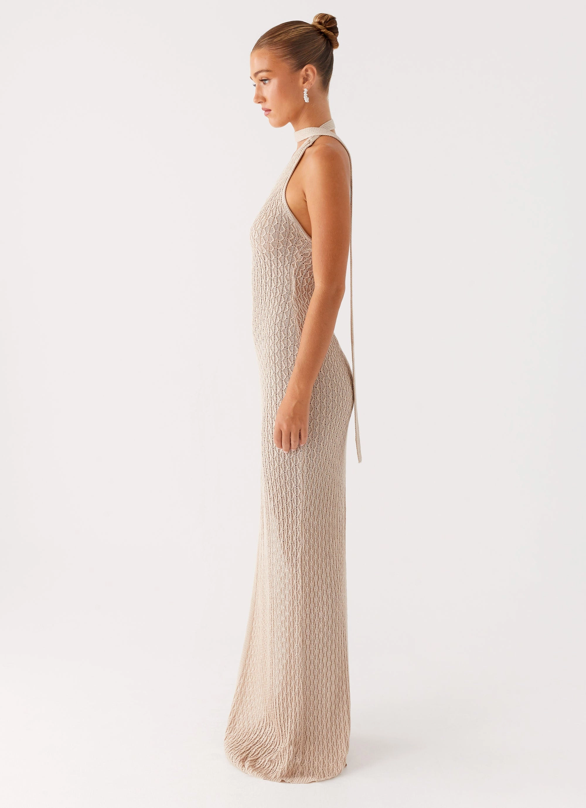 Carryn Knit Maxi Dress - Beige Waist-Cinching