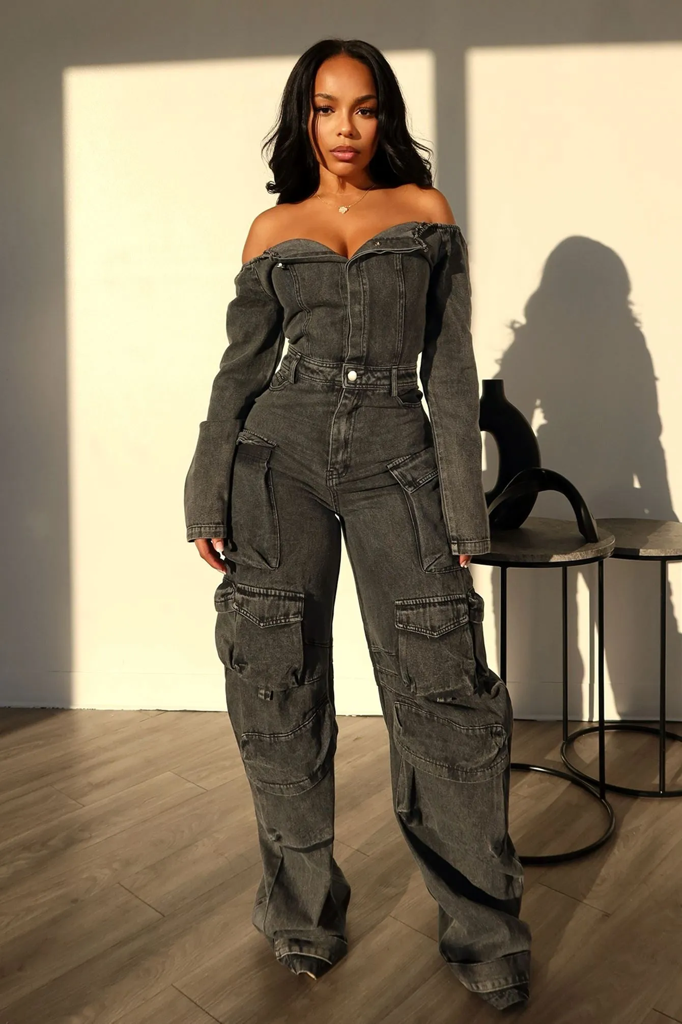 Ultimate Denim Off Shoulder Jumpsuit No Irritation Seams