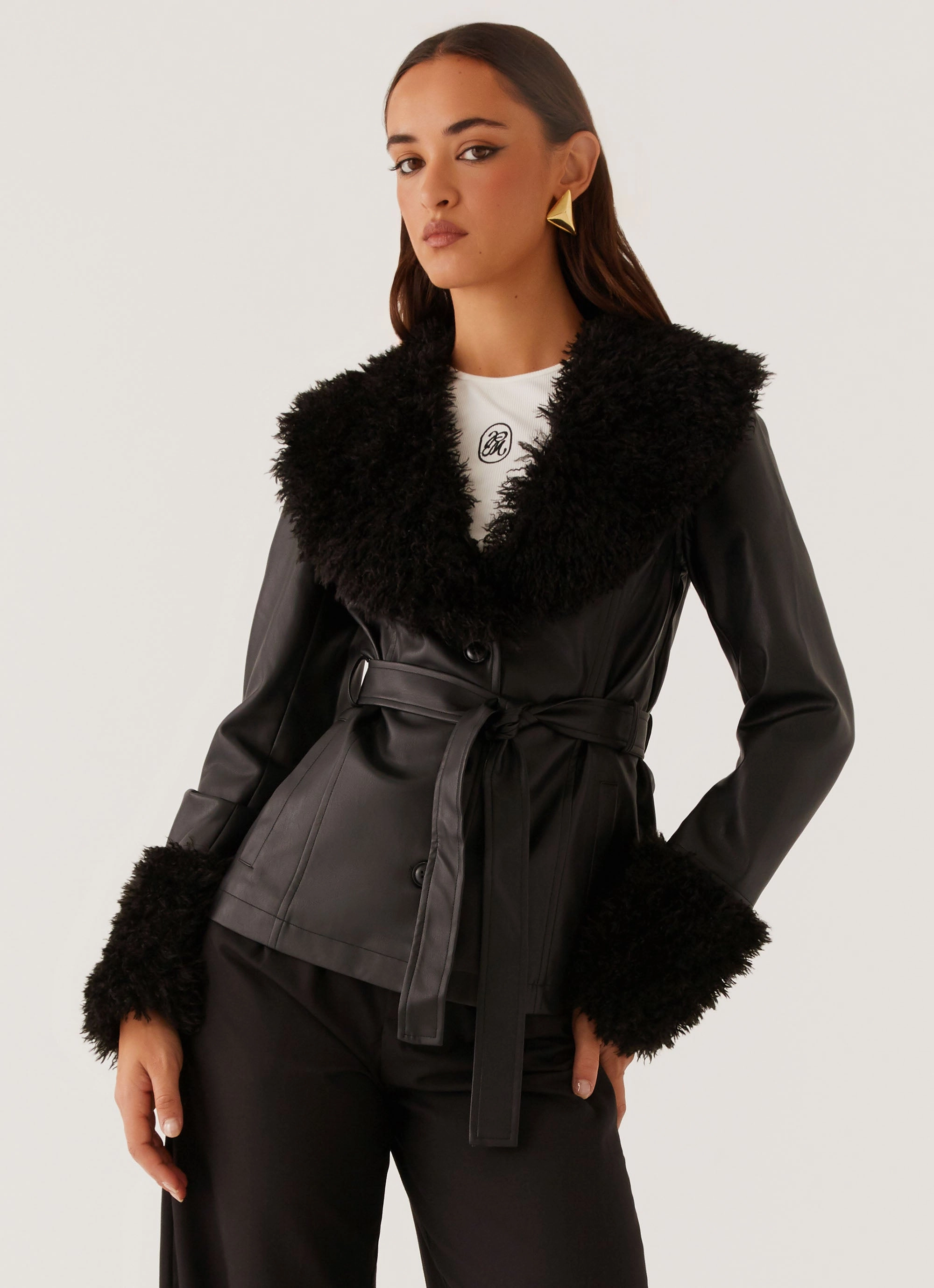 Street Lights Fur Trim Jacket - Black Lightweight Fabric multi-color