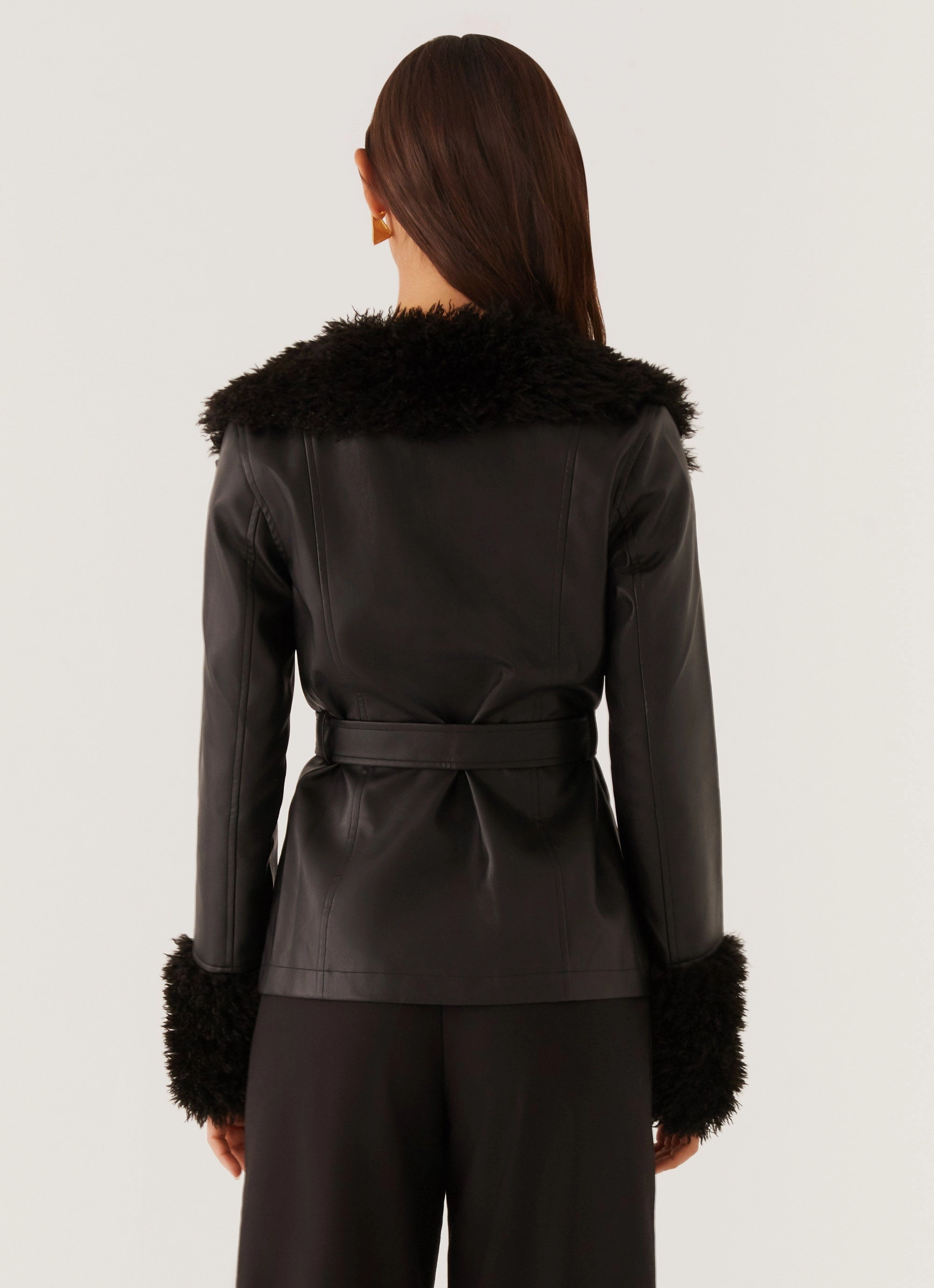 Full Zip Closure InsulatedLayer Street Lights Fur Trim Jacket - Black