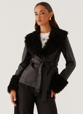 Street Lights Fur Trim Jacket - Black Lightweight Fabric multi-color