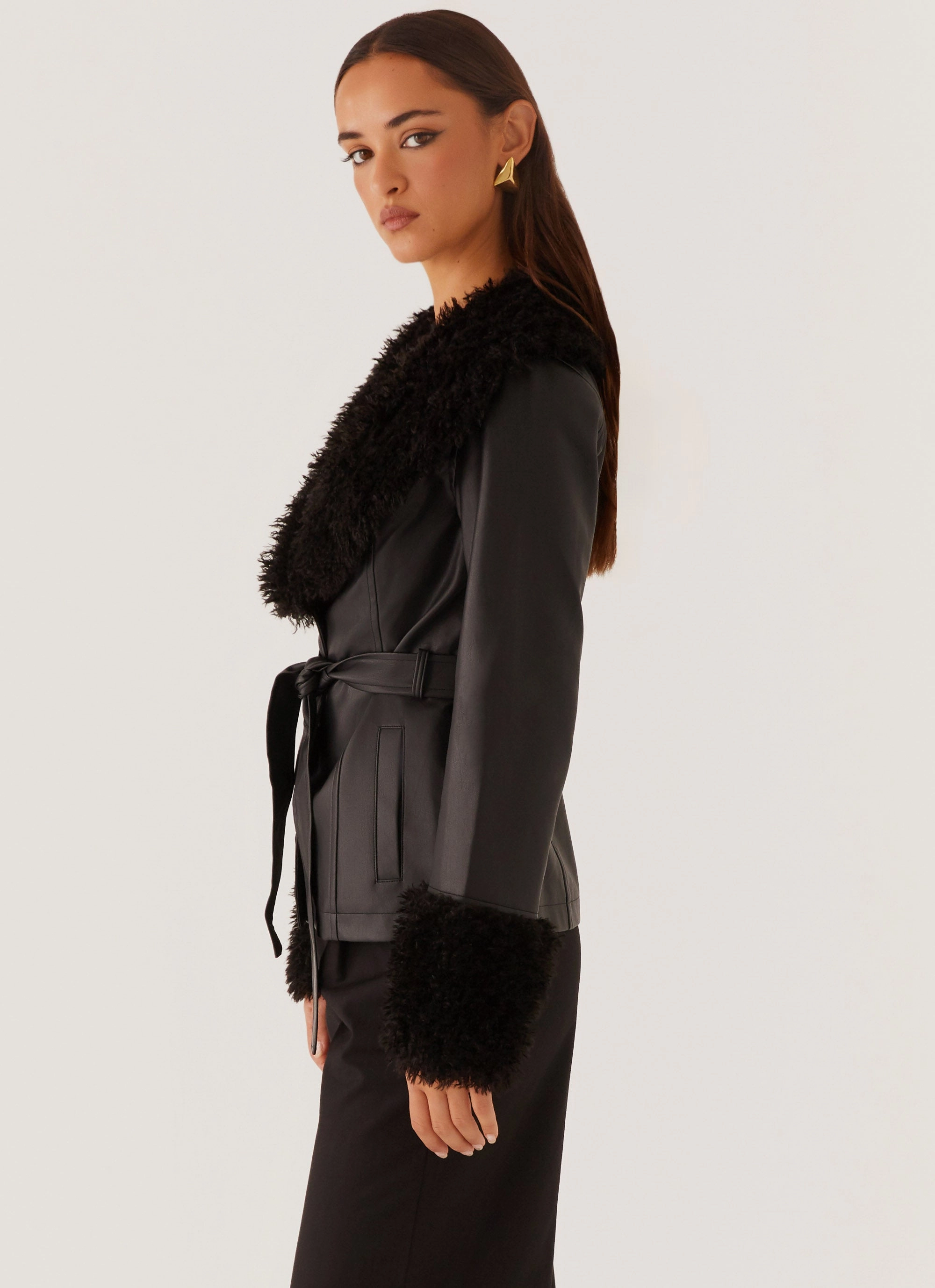 Street Lights Fur Trim Jacket - Black Casual Outdoor Wear Serve