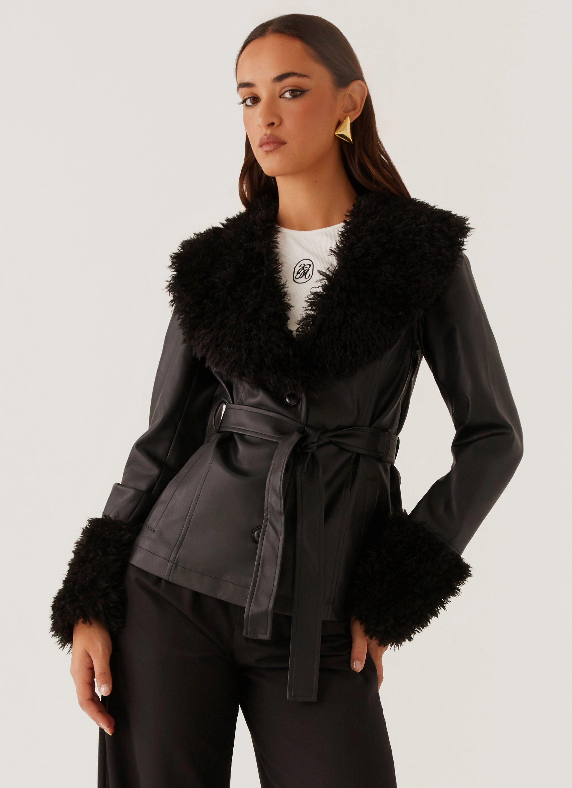 Quick Wear Fit Street Lights Fur Trim Jacket - Black