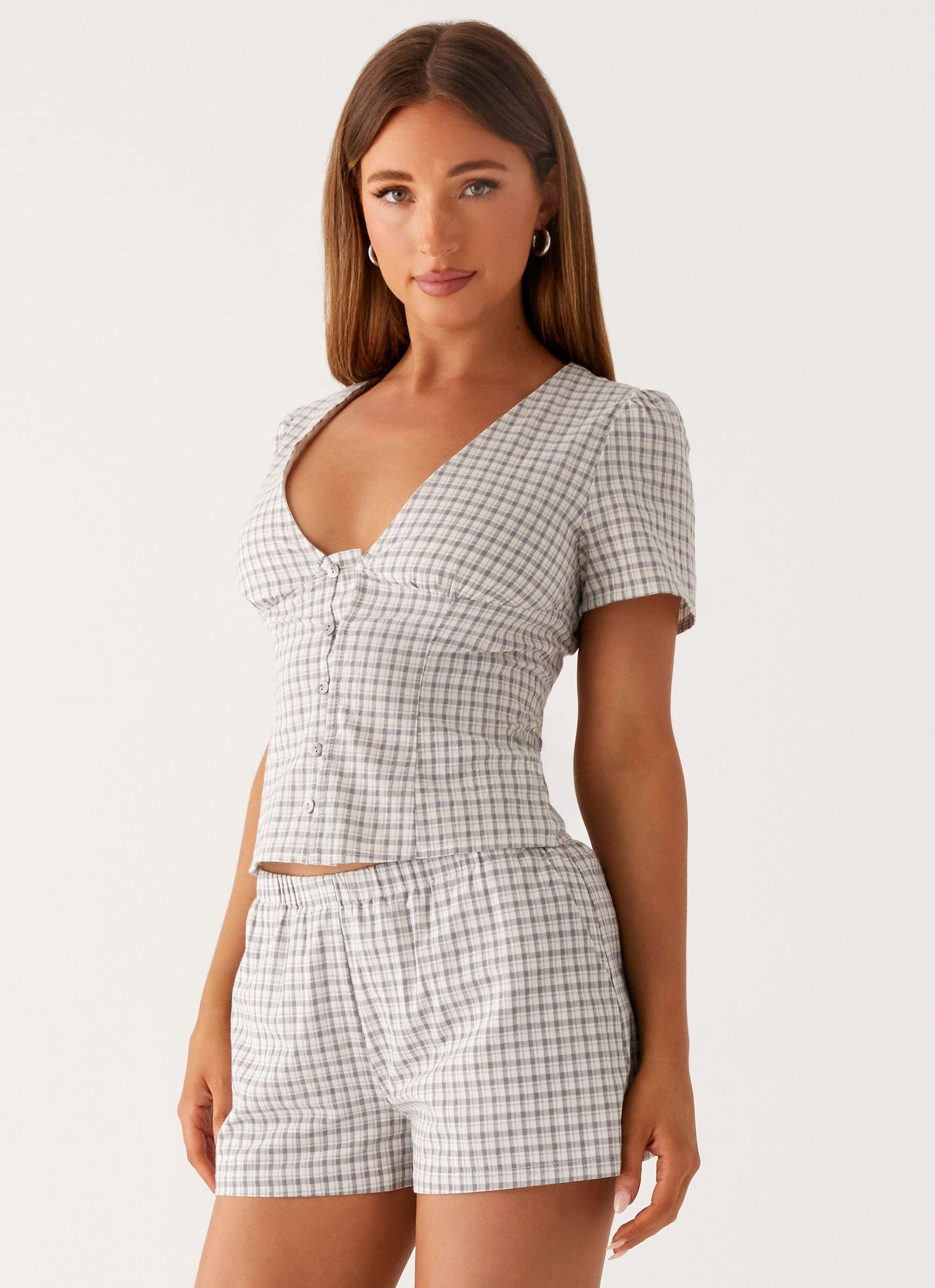 Adalina Button Up Top - Grey Check Stretchable Knit