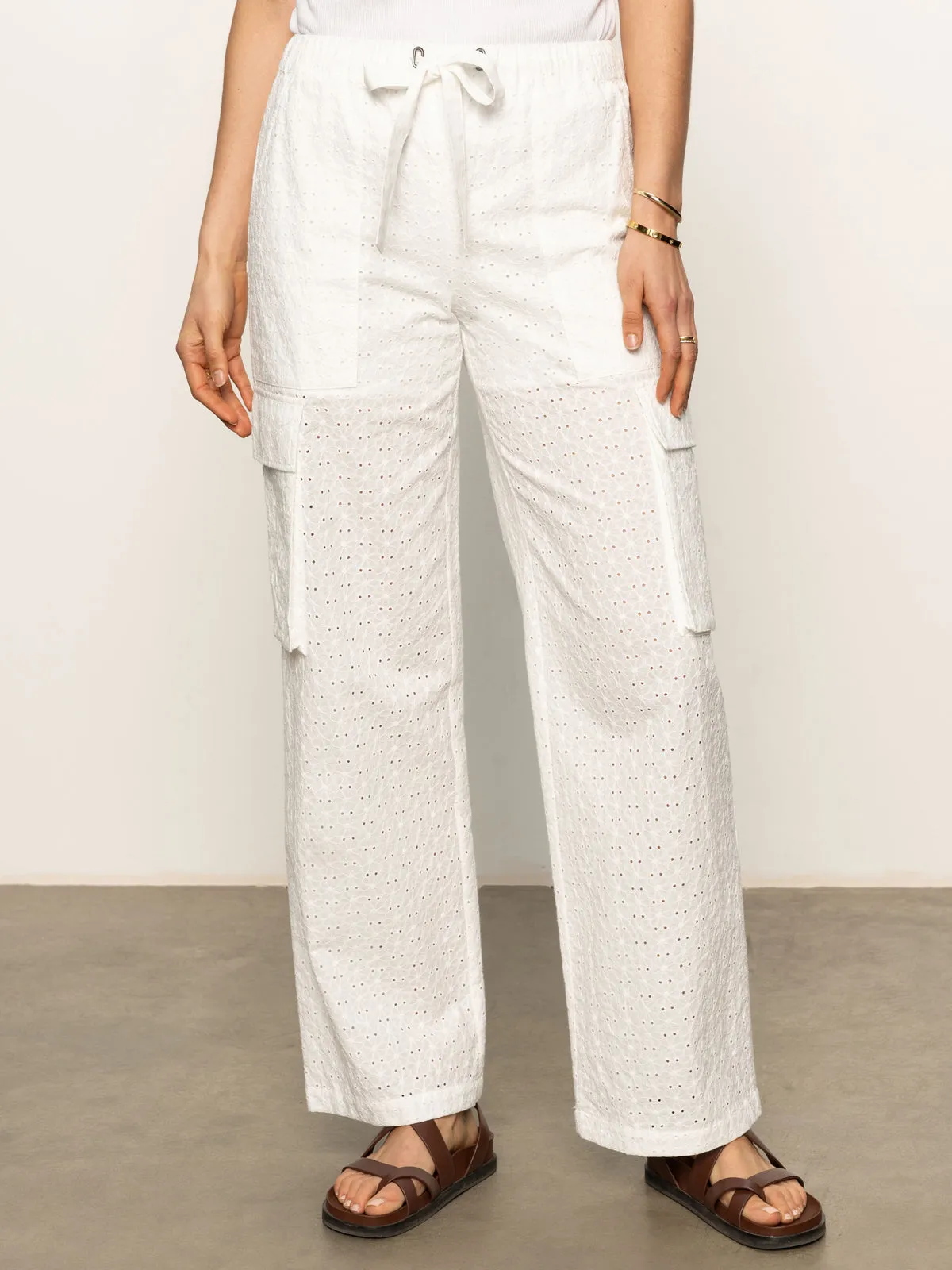 BreathableLining Street Style Free Time Eyelet Semi High Rise Pant Bleached White