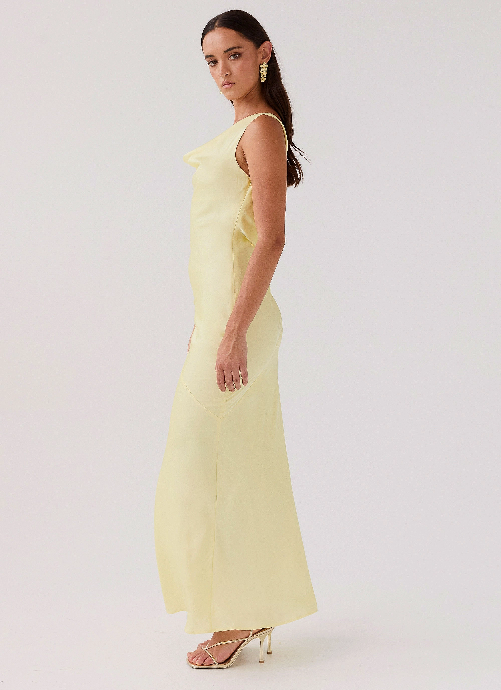 Be Mine Satin Maxi Dress - Canary Easy Pick Soft Tone