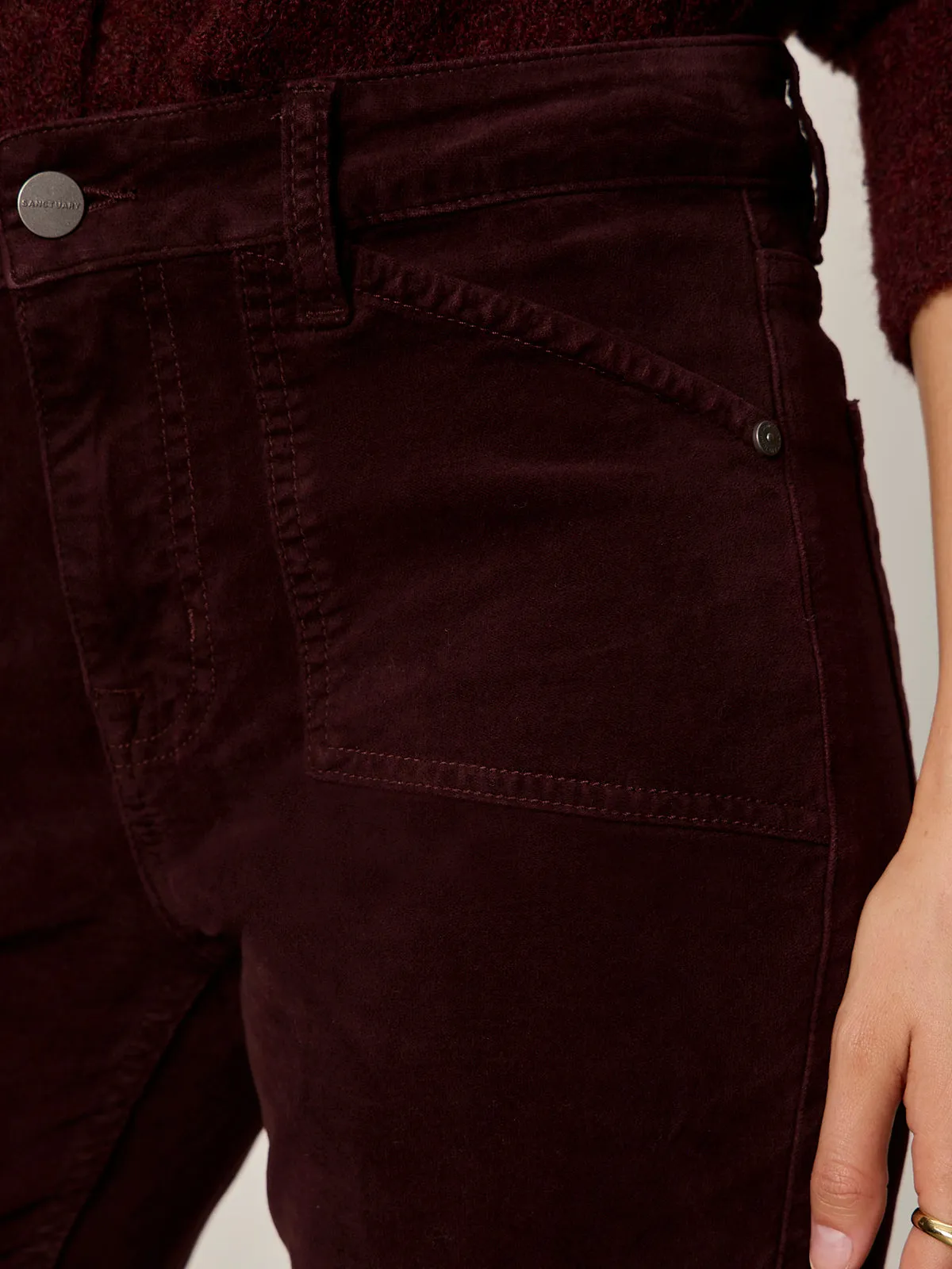 Velveteen Brook Bootcut Pant Dark Crimson Petite Sizing Stretchy Waist Everyday Must-have