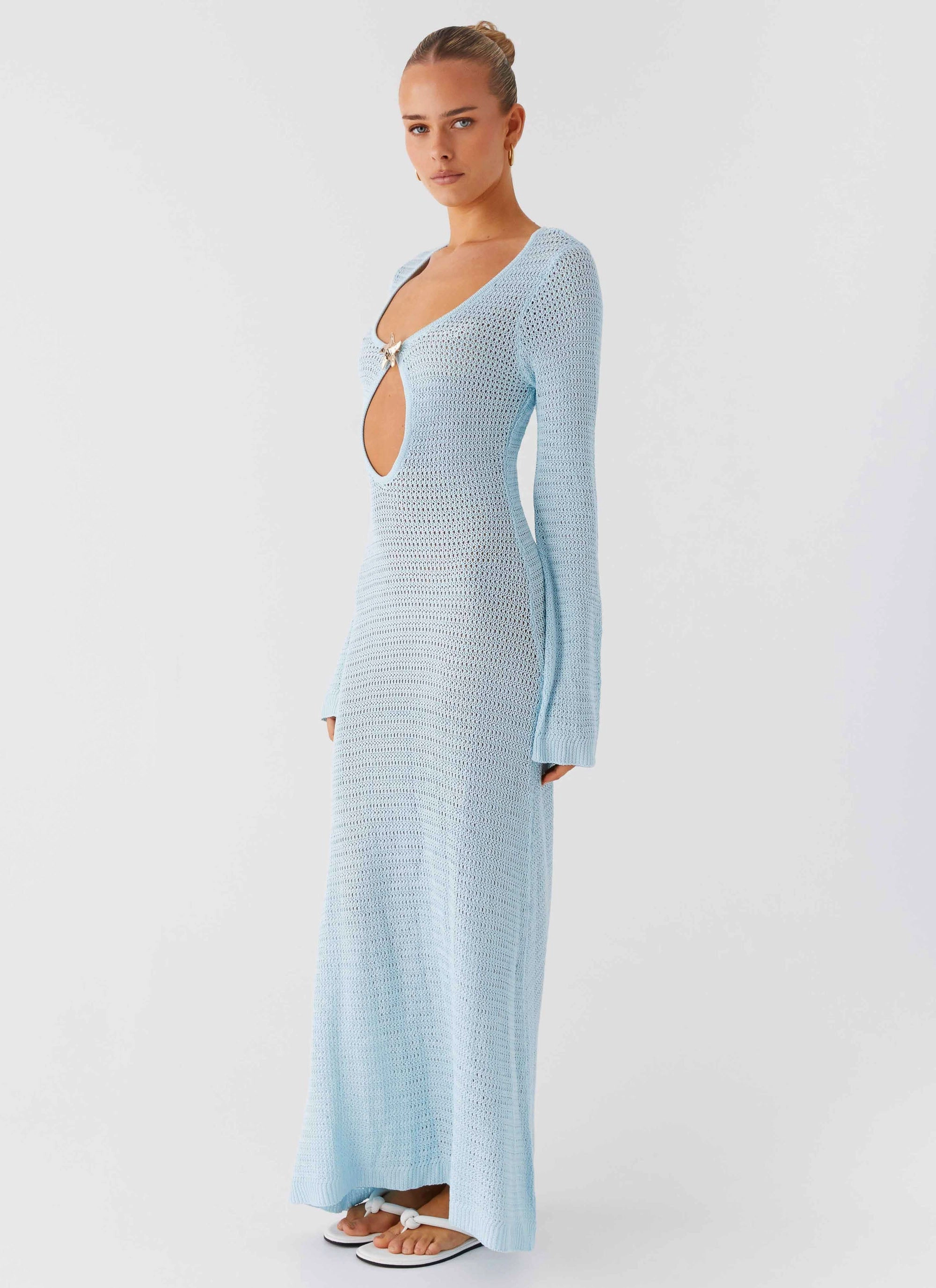 Jewel Accent Fine Details Seascape Chochet Maxi Dress - Blue
