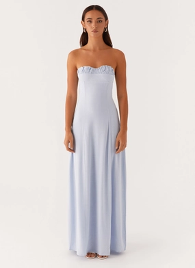 Beaded-Sleeve Adjustable-Straps Tayla Linen Maxi Dress - Blue