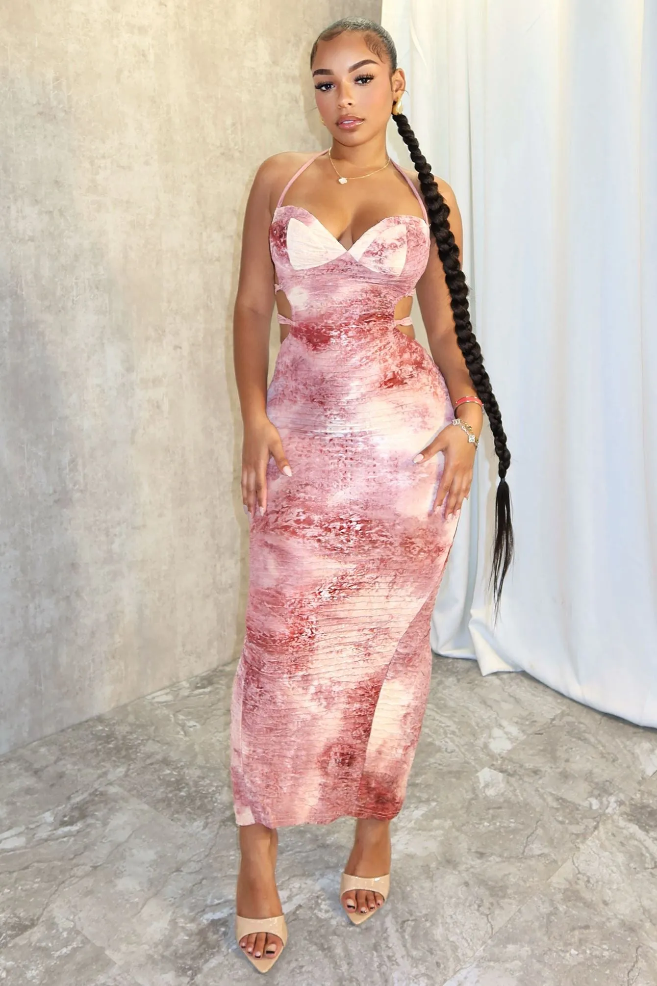 Groove Tie Dye Lace up Dress Elegant knee-length dress Full Coverage