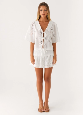 Summer Escape Embroidered Mini Skirt - White Vegan Material