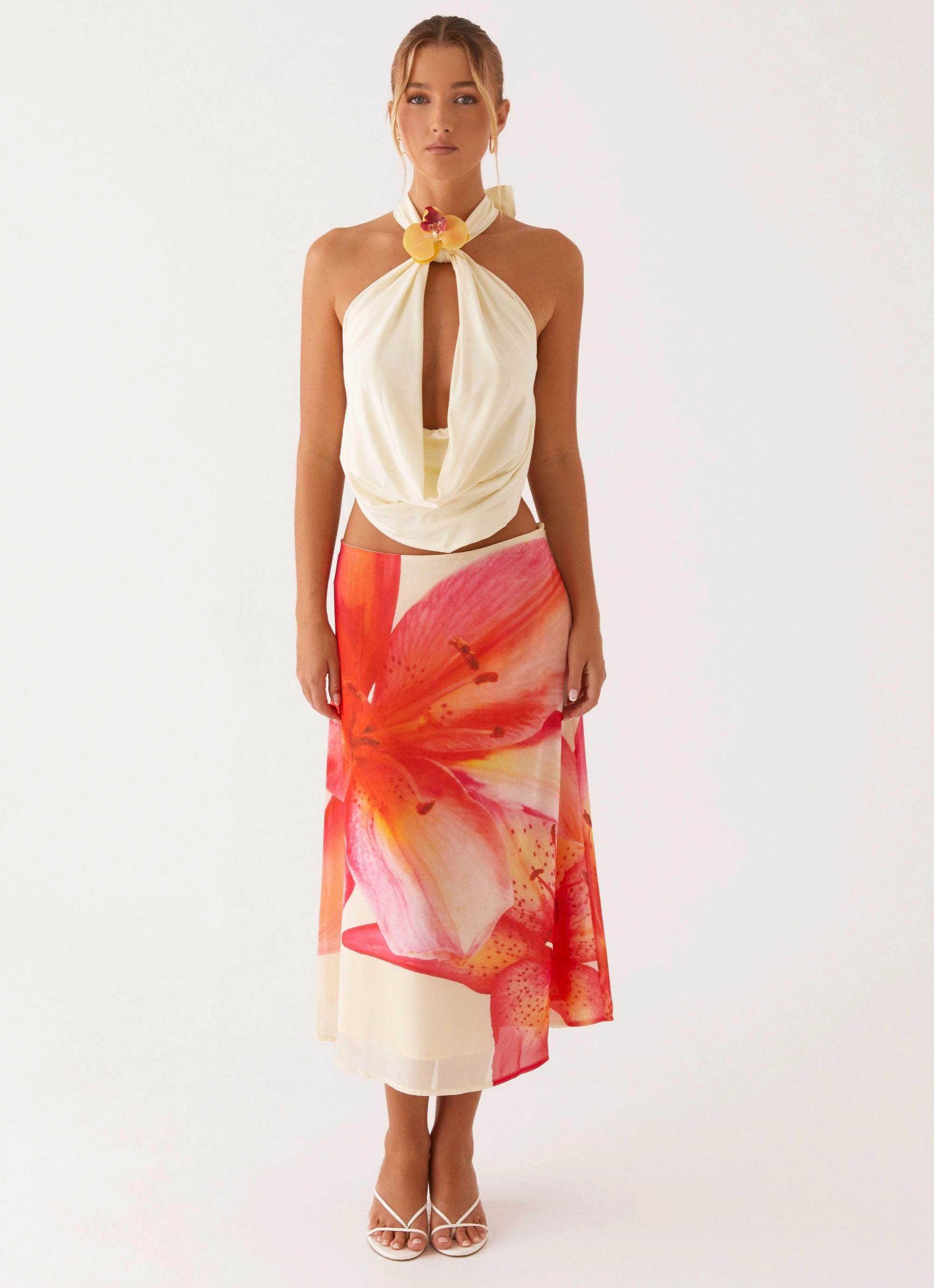 Casual Style Summertime Midi Skirt - Yellow Floral