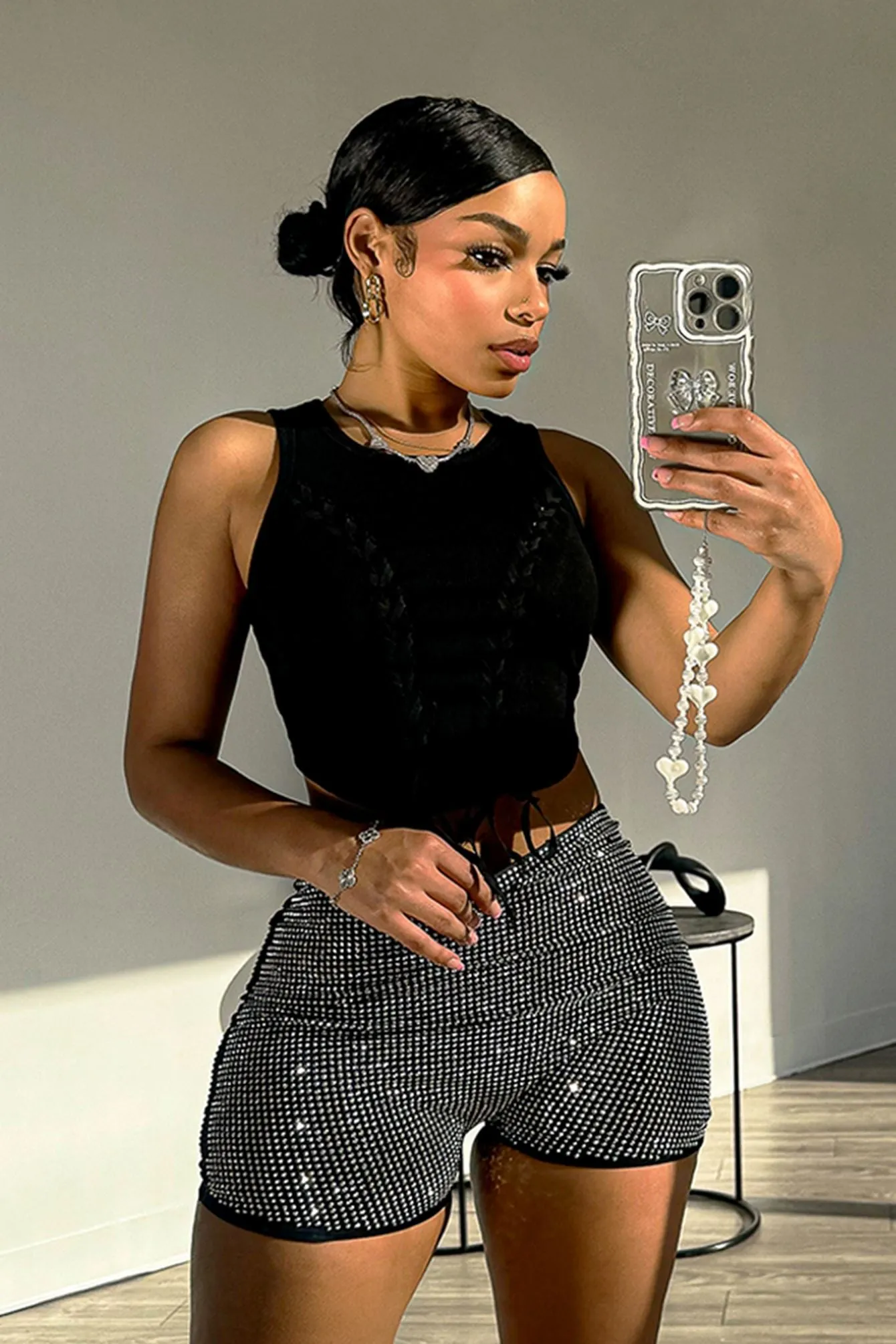 Can't Handle Rhinestone High Waist Shorts Compression Support Lining