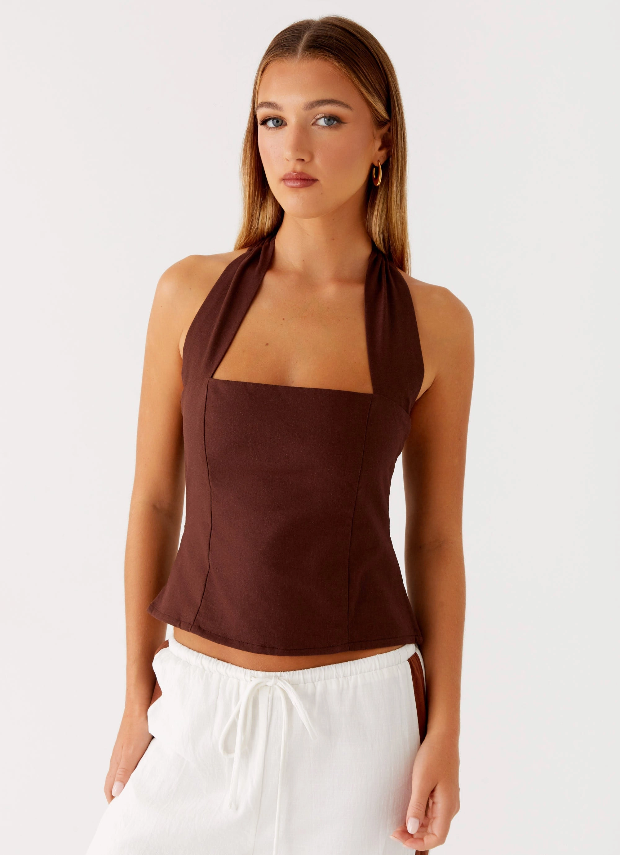 Sunflare Linen Halter Top - Chocolate AntiPillTreatment DoubleLayeredCollar