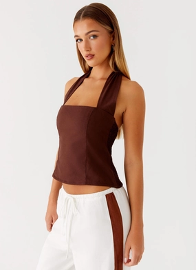 Sunflare Linen Halter Top - Chocolate Workout Apparel Quick Access Pockets