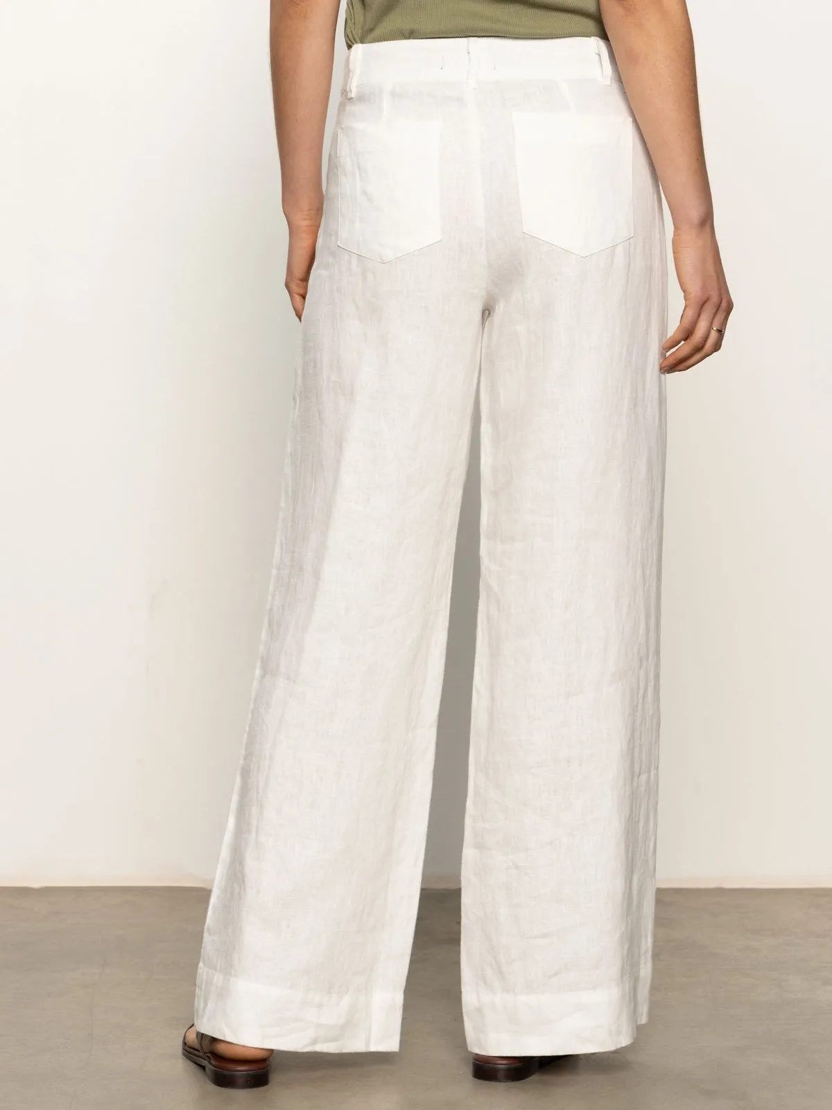 Easy Care Fabric Finish StretchMaterial The Linen Marine Wide Leg Semi-High Rise Pant White