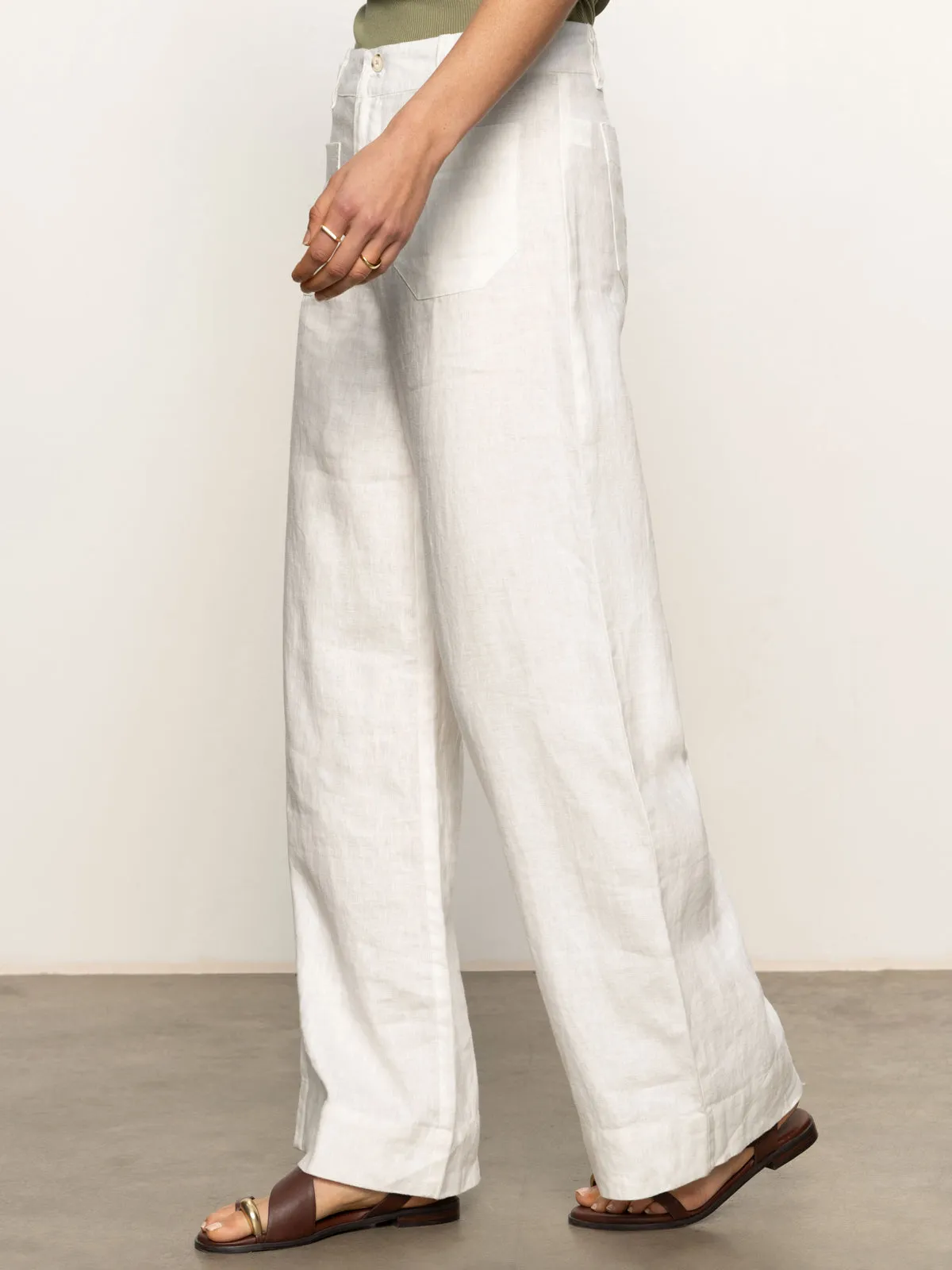 Heat Dissipating Breath Friendly The Linen Marine Wide Leg Semi-High Rise Pant White