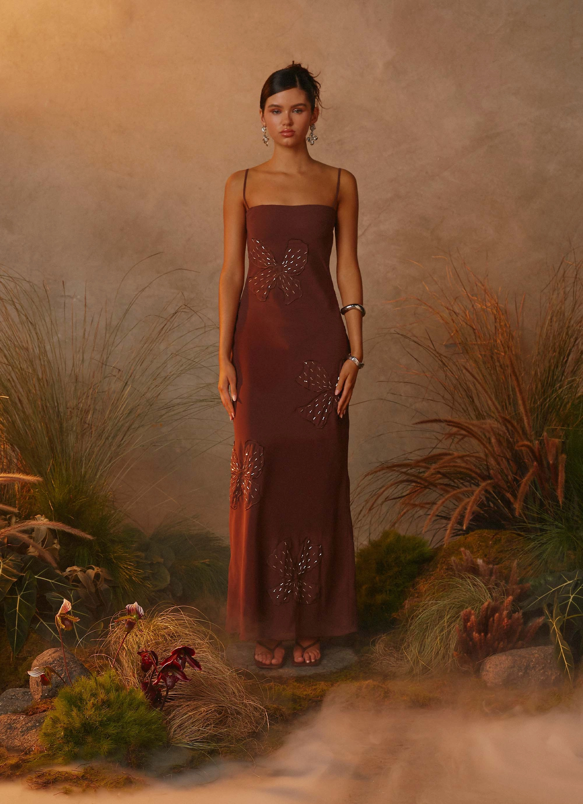 Vintage Style Bayla Beaded Flower Maxi Dress - Chocolate