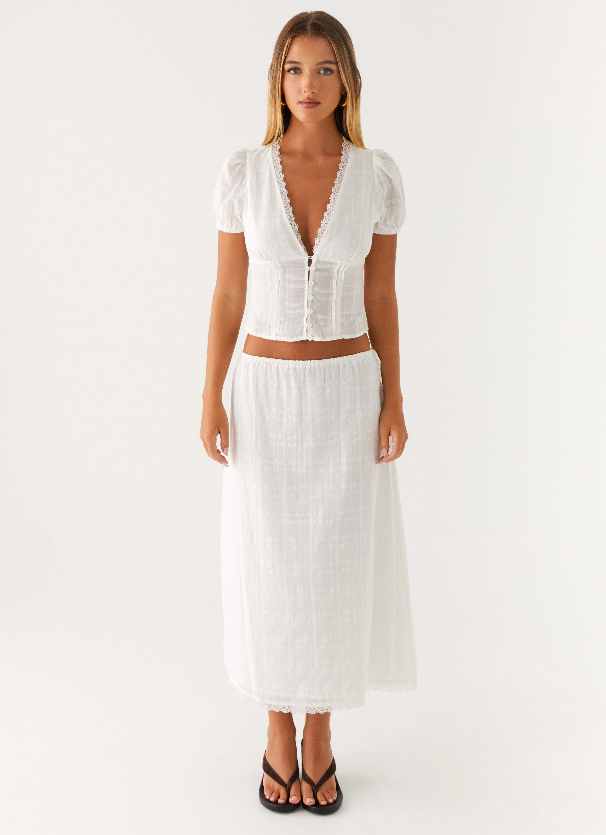 Sweet Lullaby Midi Skirt - White Stretch Material High Street Chic