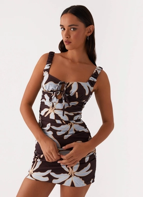 Sweet Melody Ruched Mini Dress - Opulent Brown Formal Event Non Restrictive