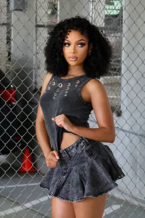 Zina Mineral Washed Eyelet Tank Top Minimalist Aesthetic LaserCut Edges