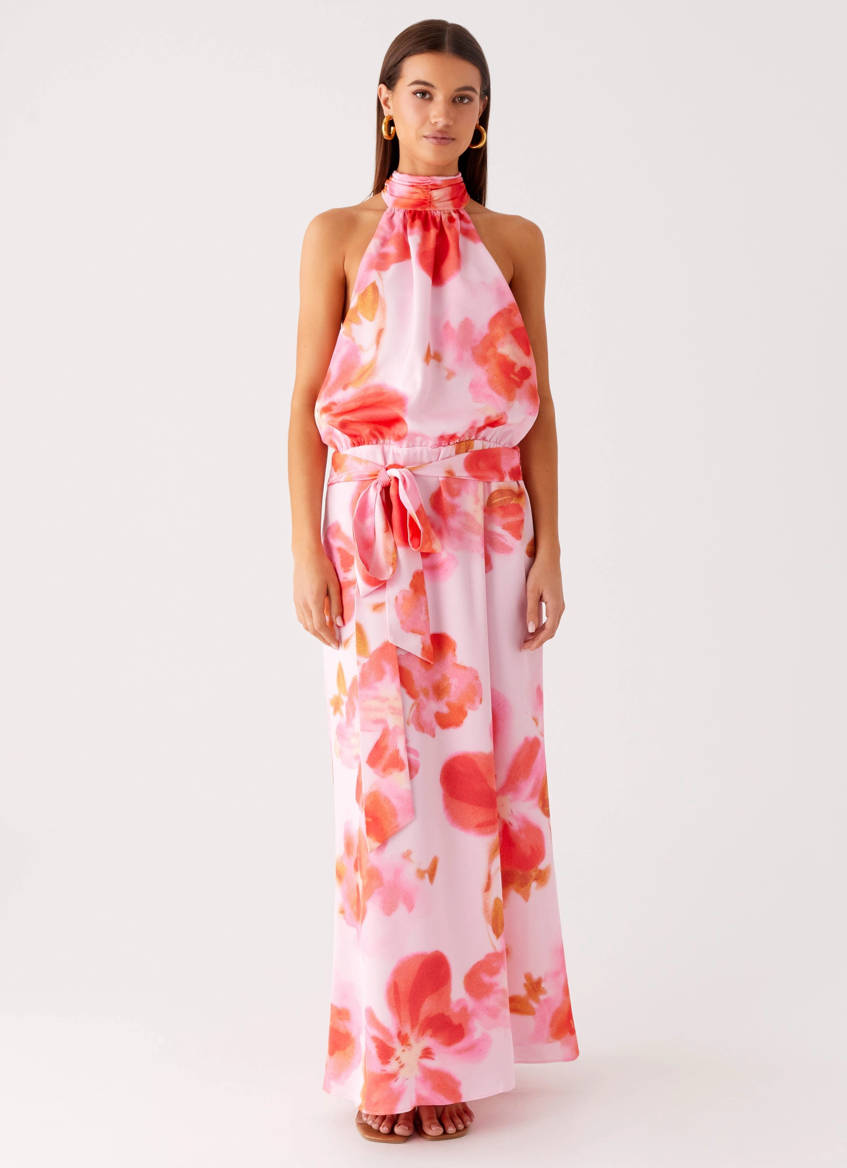 Statement-Buttons Diablo Backless Maxi Dress - Blushing Blossom