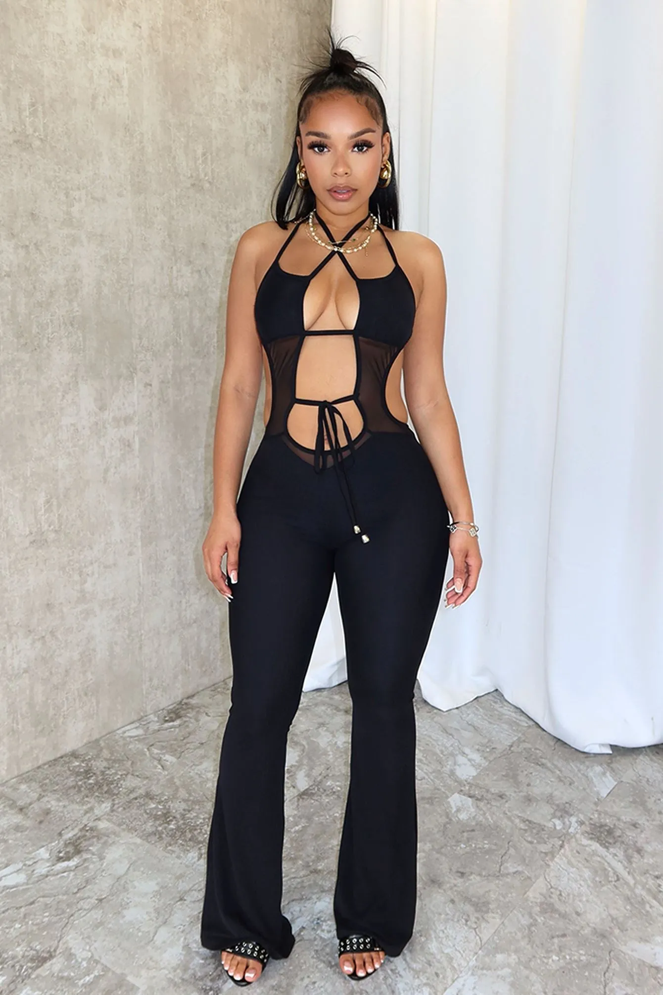 Take Me There Mesh Flare Jumpsuit Everyday Style
