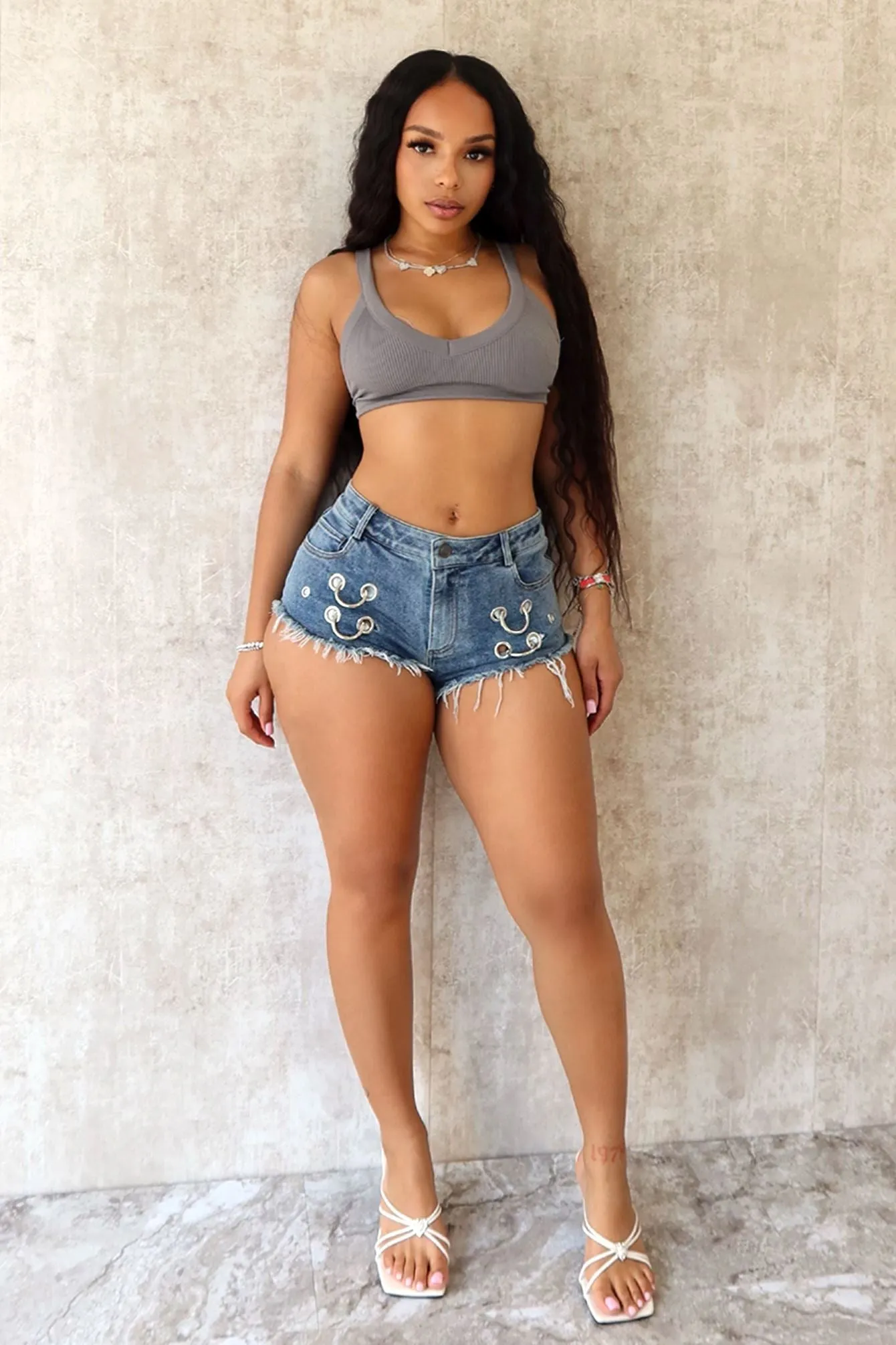 Breathable activewear Talia Washed Grommet Detail Denim Shorts