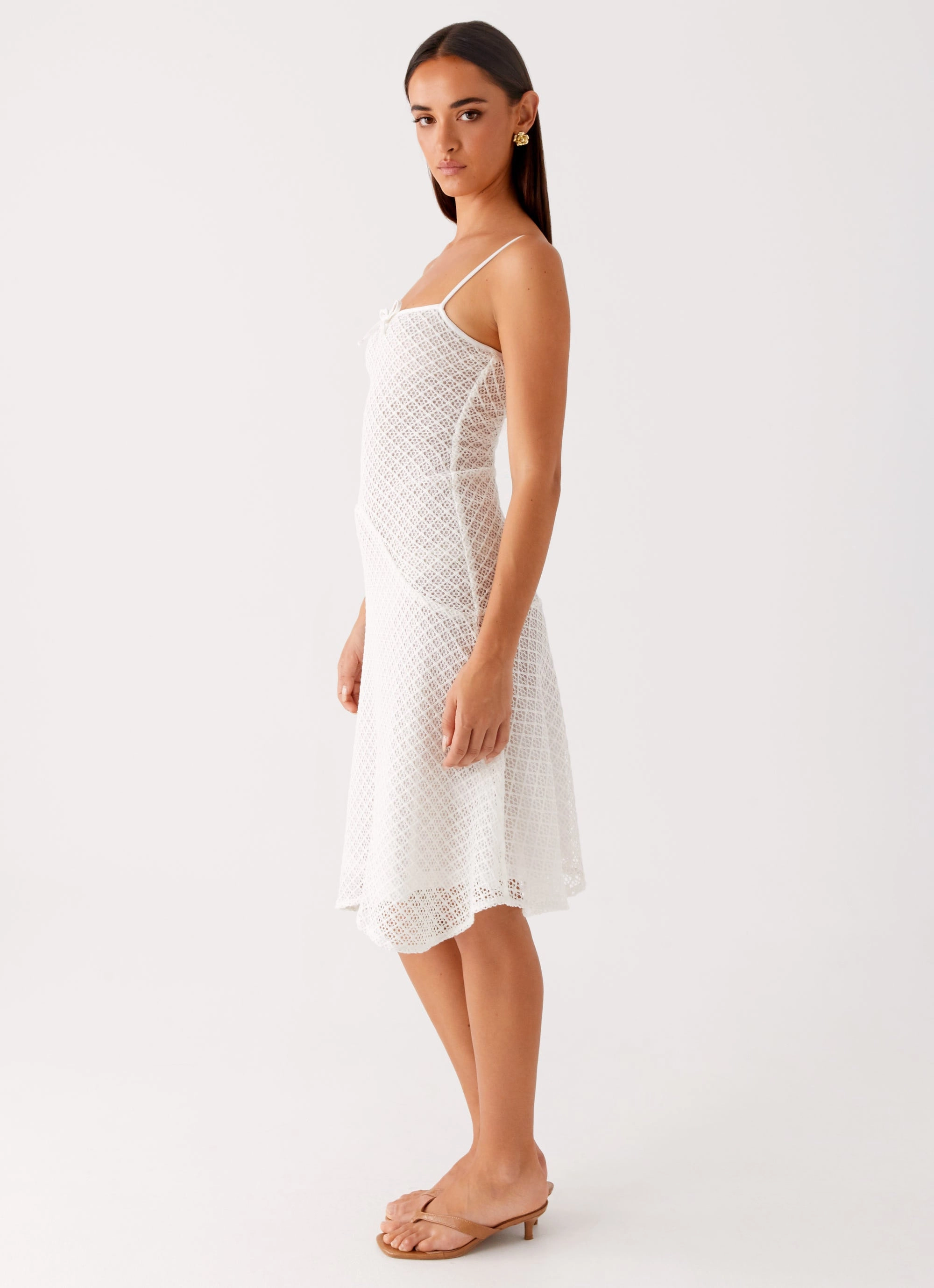 Pearl-Detail Lounge Vibe Tamar Midi Dress - White