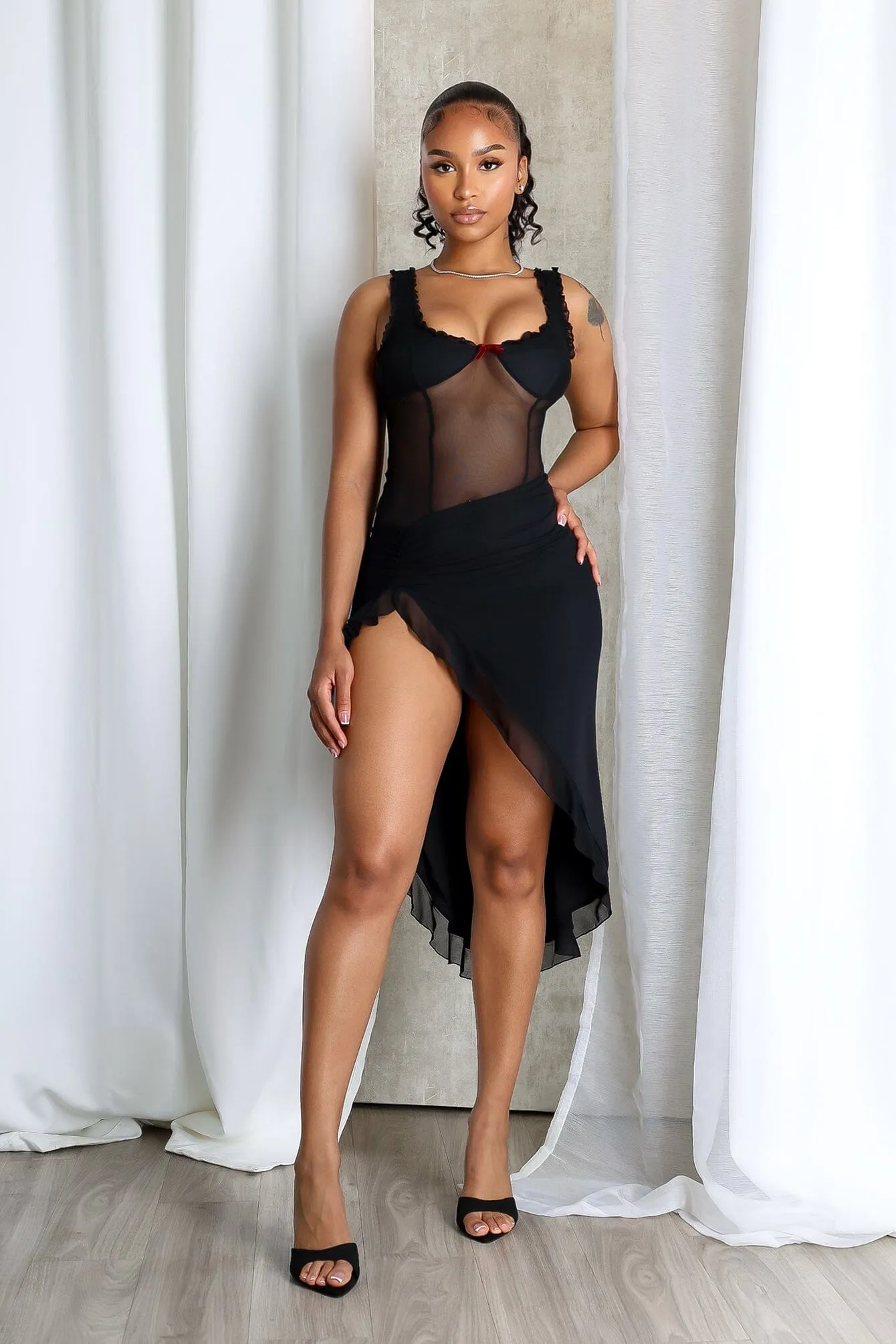 Natural Style Tamiko Mesh Ruffle Trim Tank Midi Dress