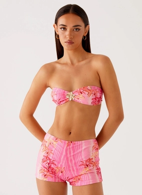 Tamra Strapless Bikini Top - Tropical Pink Print Dual Layer Construction