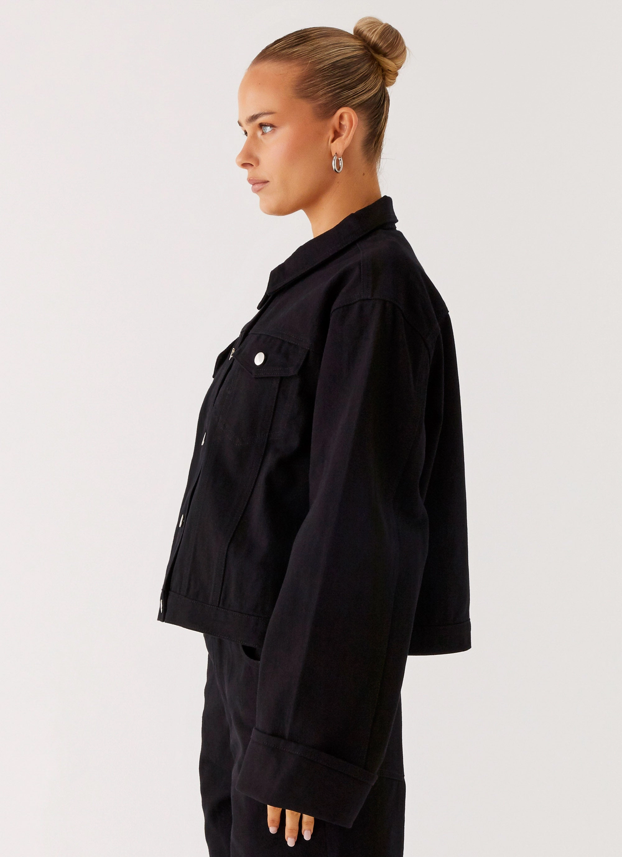 Back Again Oversized Denim Jacket - Black Light Comfort Elastic waist