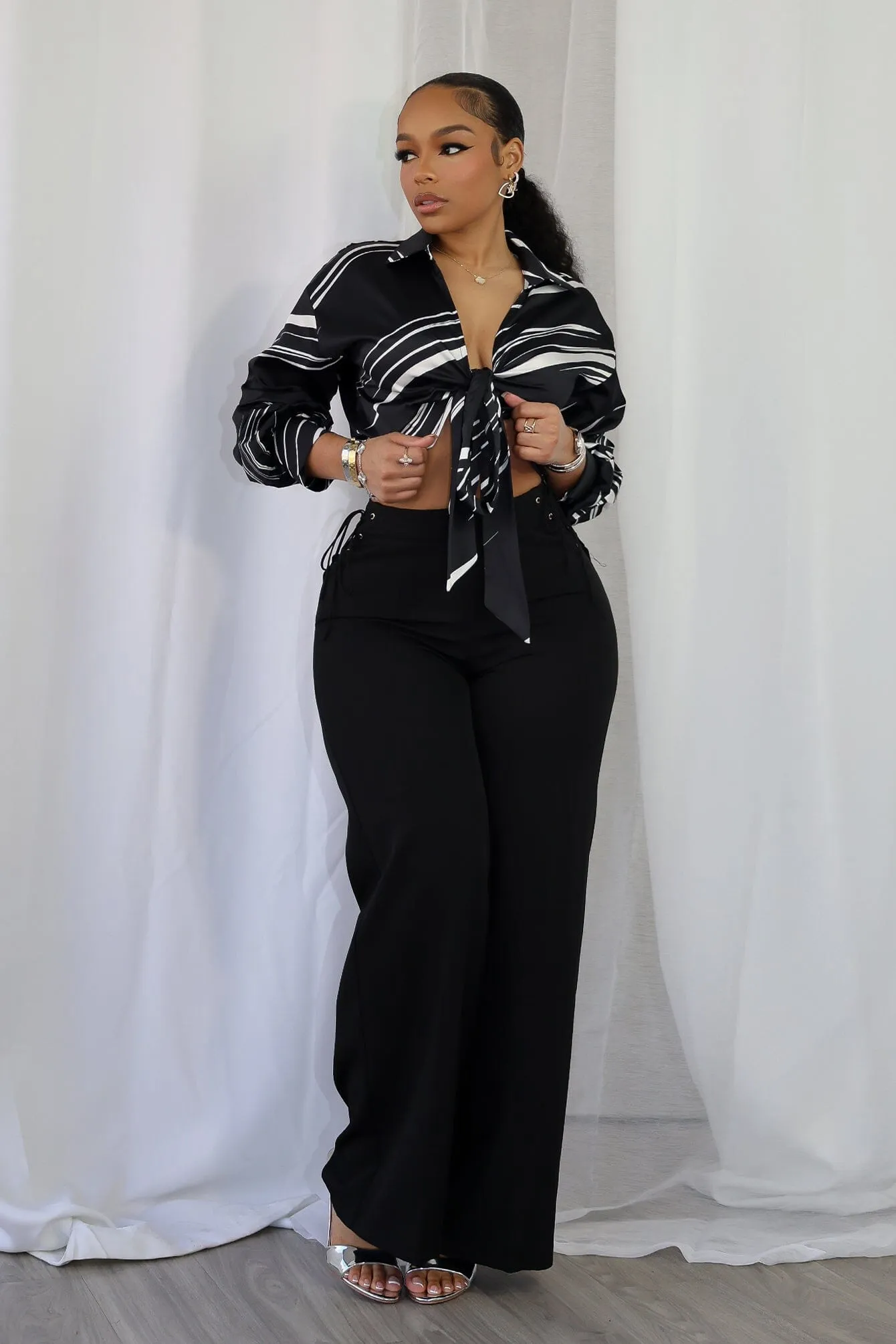 Tara Geo Printed Satin Tie Blouse LowImpact Dye Process Shrinkage Prevention Treatment