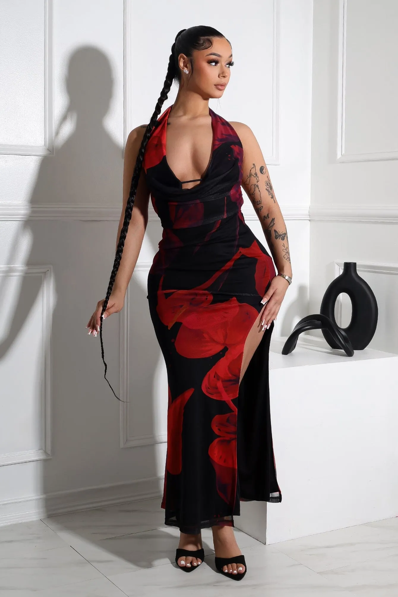 Tatum Mesh Rose Halter Cowl Maxi Dress Light Flow Clean Tone