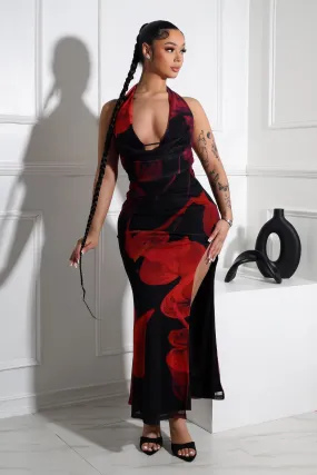 Tatum Mesh Rose Halter Cowl Maxi Dress Light Flow Clean Tone