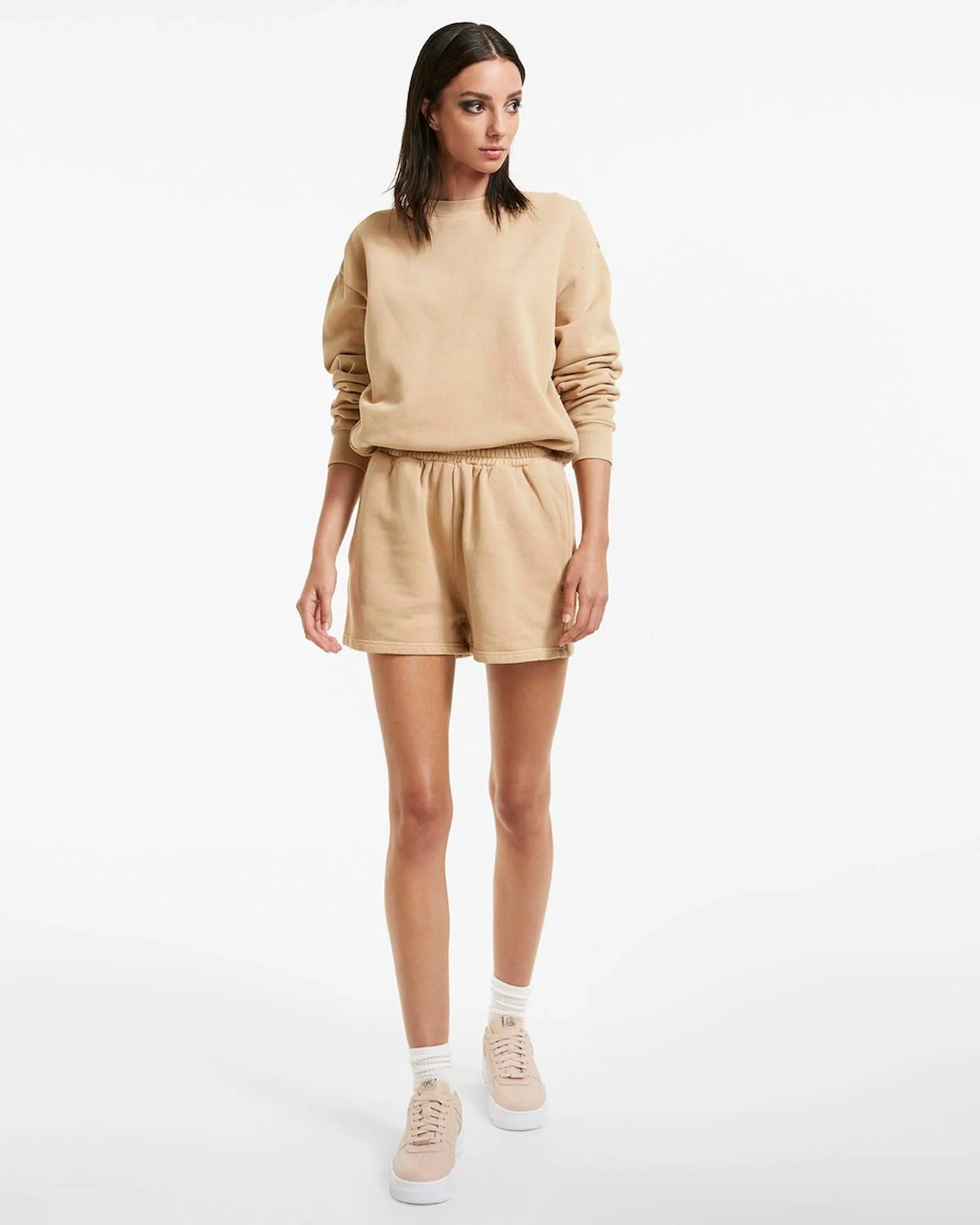 Lightweight Construction Elastic Waistband Design ChafeFree Flatlock Stitching 3 X 4 TRAK SHORT LATTE