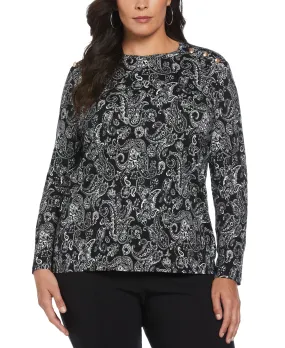 Plus Size Paisley Print Button Detail Top Wrinkle Free Weave
