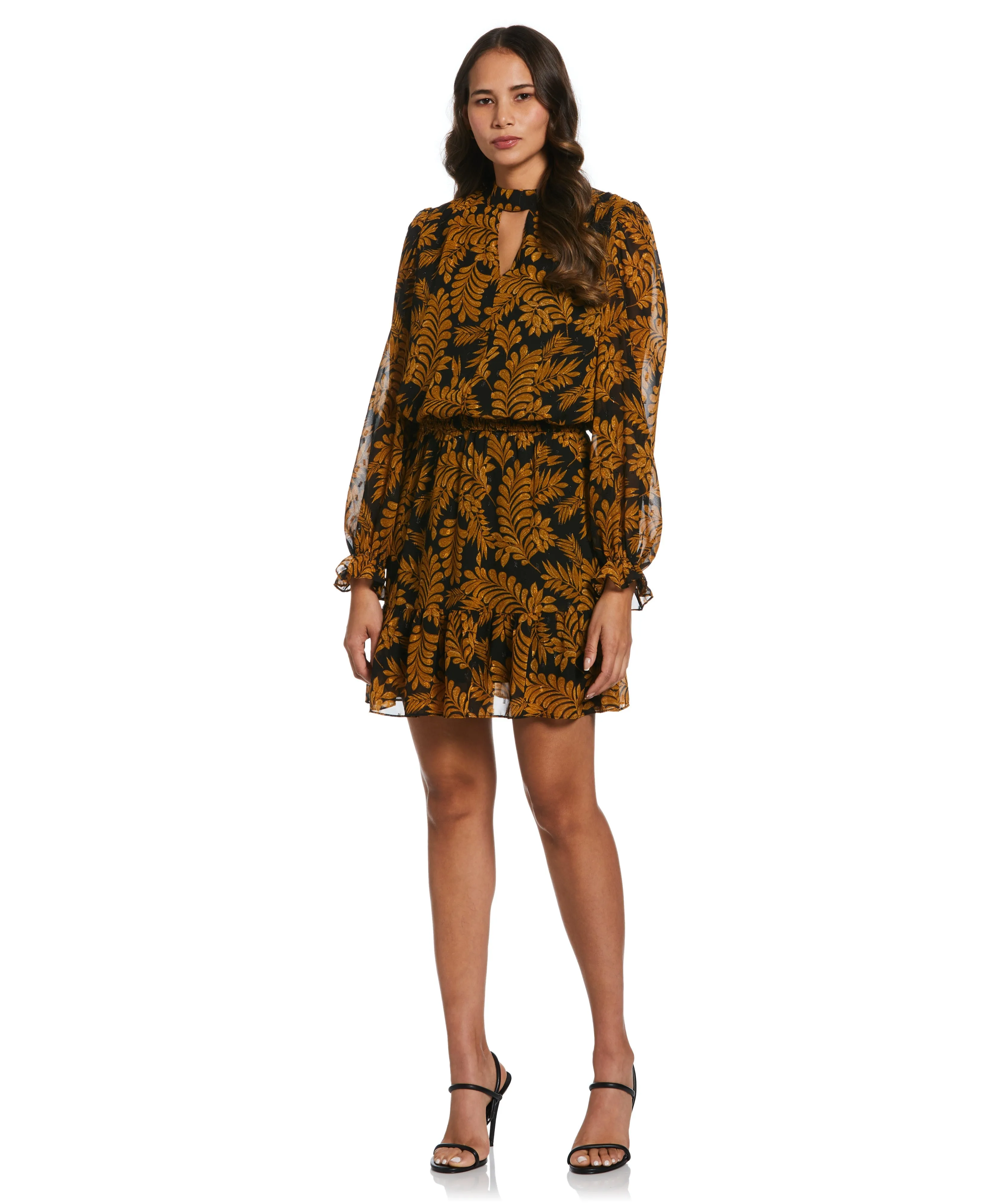 Special-Edition Metallic Leaves Print Dress