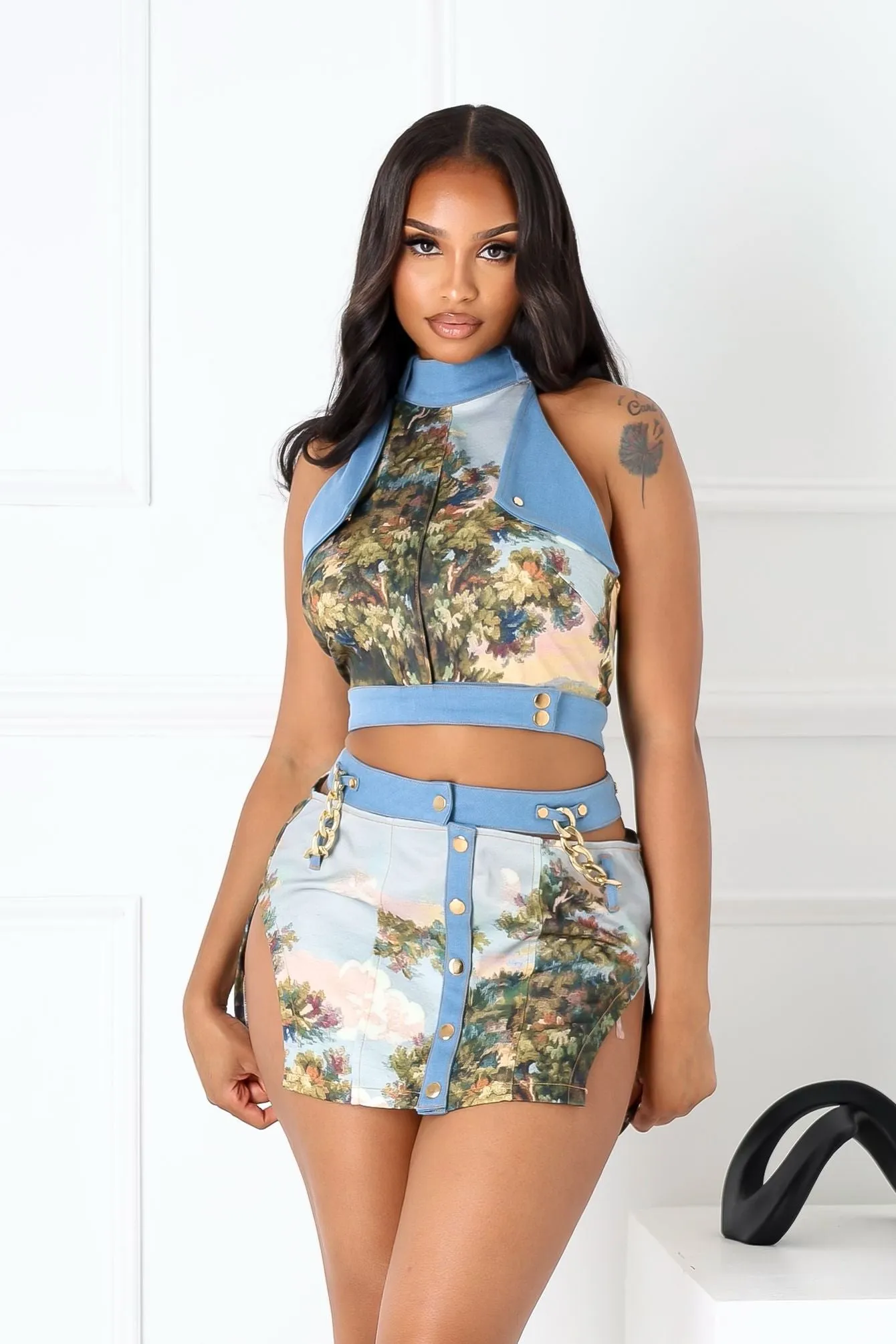 Reinforced Stress Points FlatlockStitching Florabound Denim Cutout Top & Skirt SET